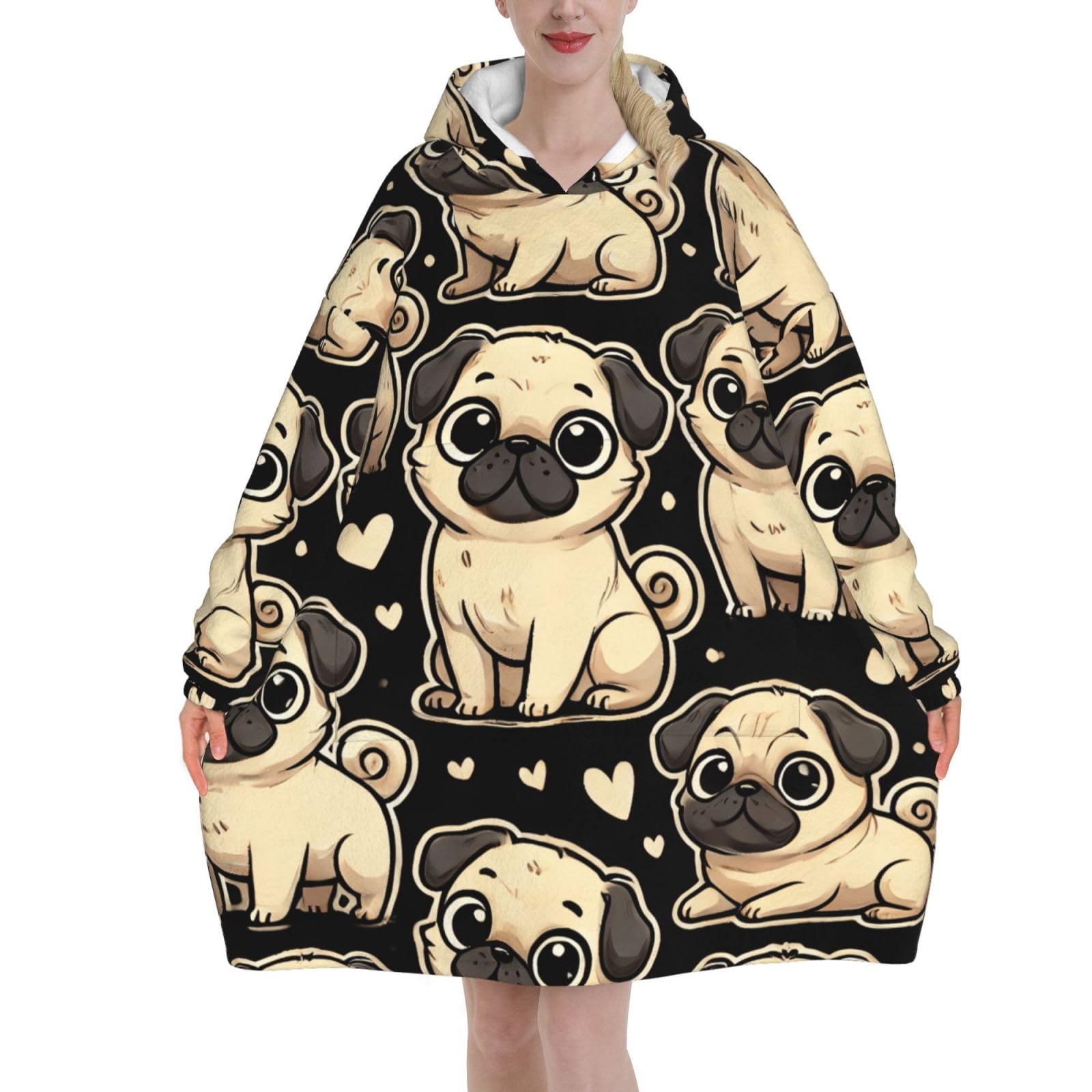 Wearable Blanket Hoodie Oversized Pug Animal Lovers Large Hooded Blanket Jumper For Men,Women