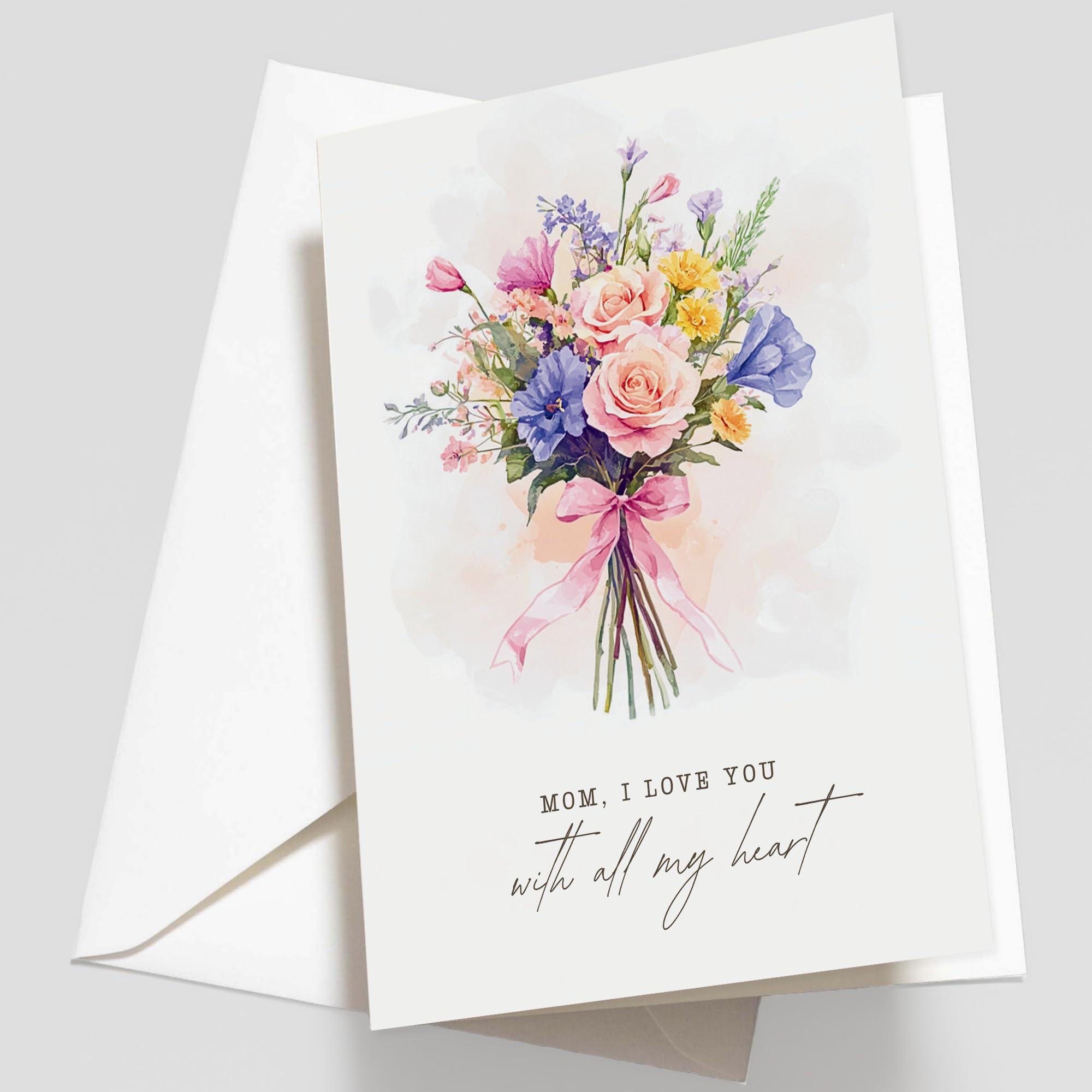 Watercolor Flower Bouquet Mother's Day Card - Mixed Floral Design Happy Mother's Day Card for Mom, 5"x7" Foldable