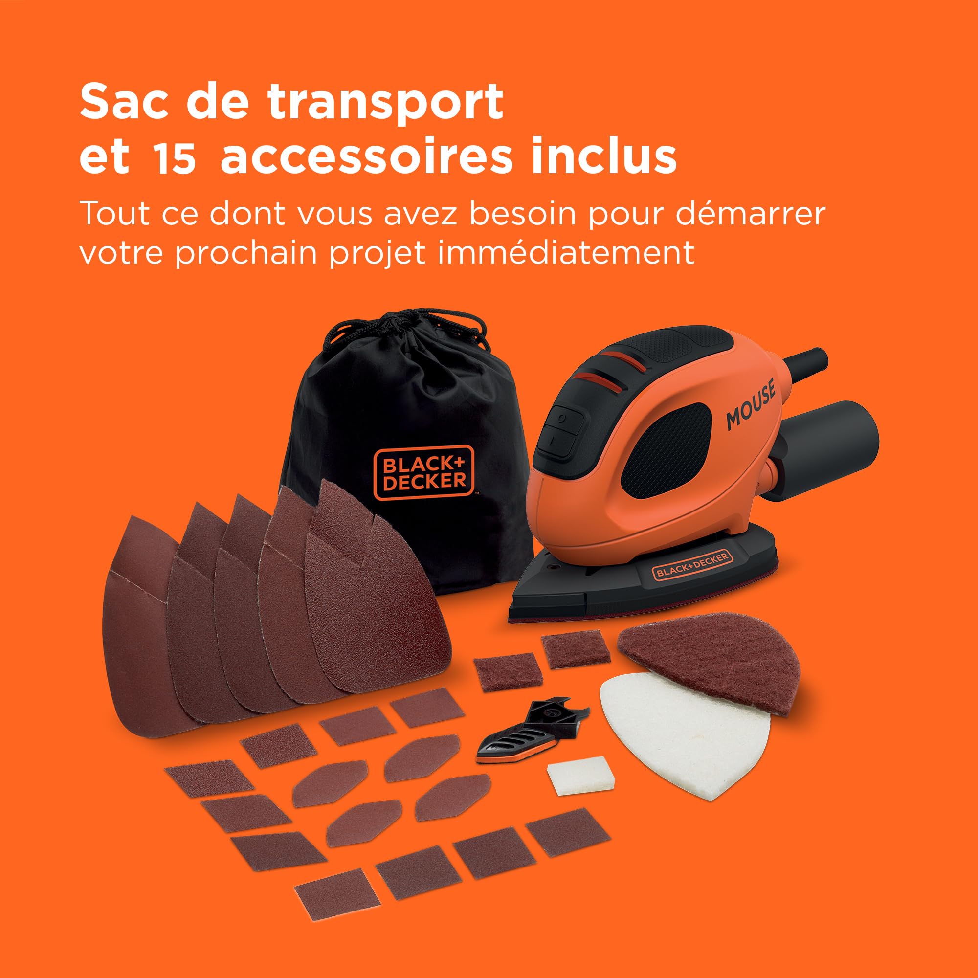 BLACK+DECKER Ponceuse à souris électrique compacte de 55W, avec port d'extraction des poussières et 15 accessoires, y compris des feuilles de ponçage, des pointes de ponçage et un sac souple, BEW230BC