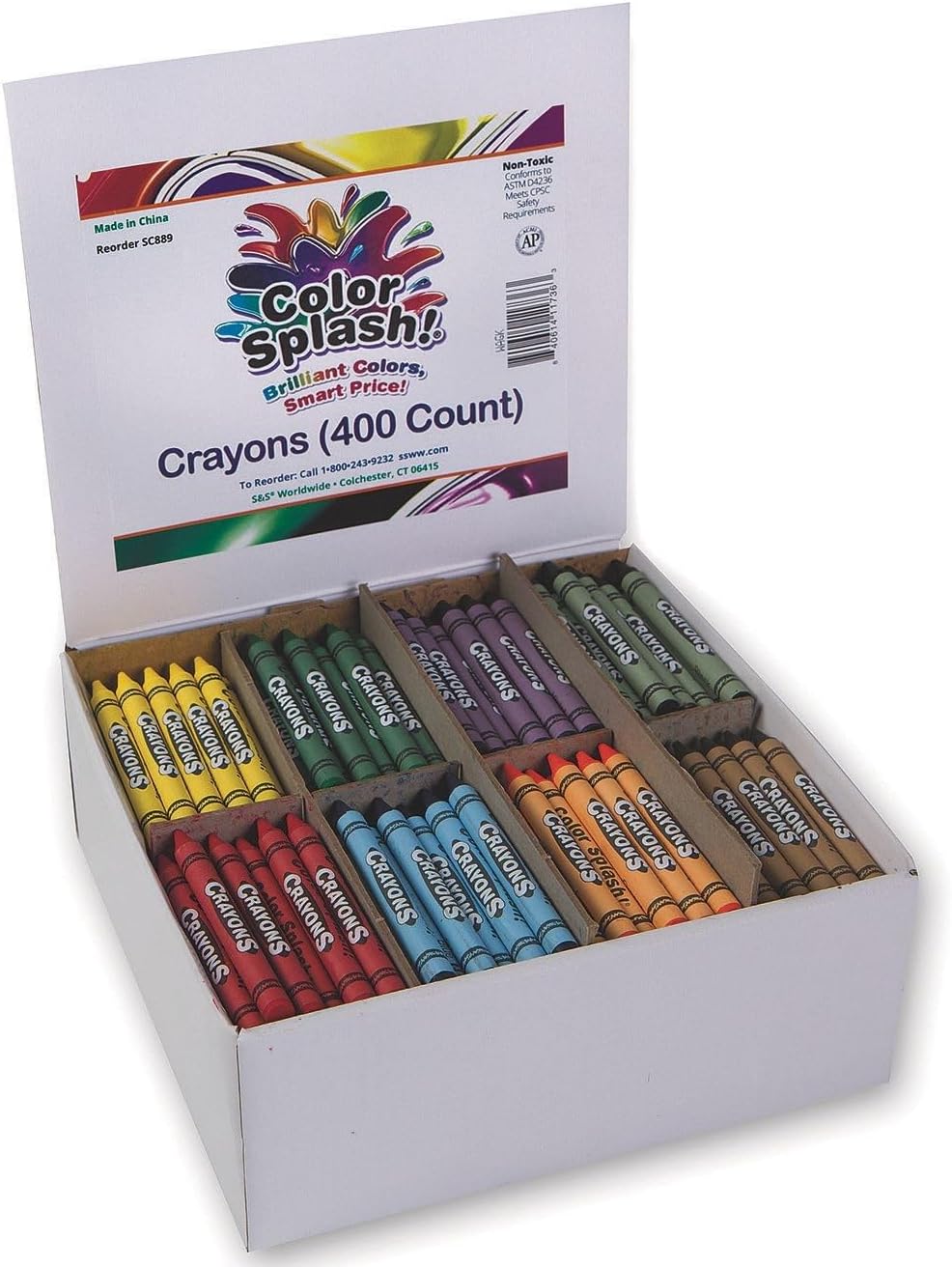Color Splash S&S Worldwide Crayons. Excellent Quality, Superior Value, Great for Classrooms and Groups, Divided Box for Easy Sorting, Includes 50 each of 8 Vibrant Colors, Non-Toxic, Pack of 400