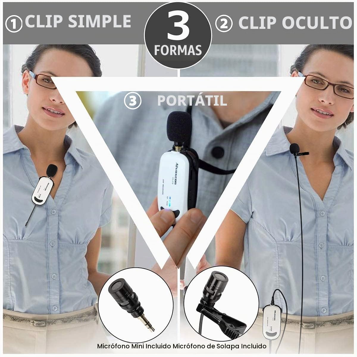 Alvoxcon Micrófono Inalámbrico Lavalier UHF para iPhone, PC y Mac, USB Plug & Play con 2 Micro de Solapa, Sonido Profesional para Grabación, Podcast, Youtube, Zoom, Vlog y Streaming
