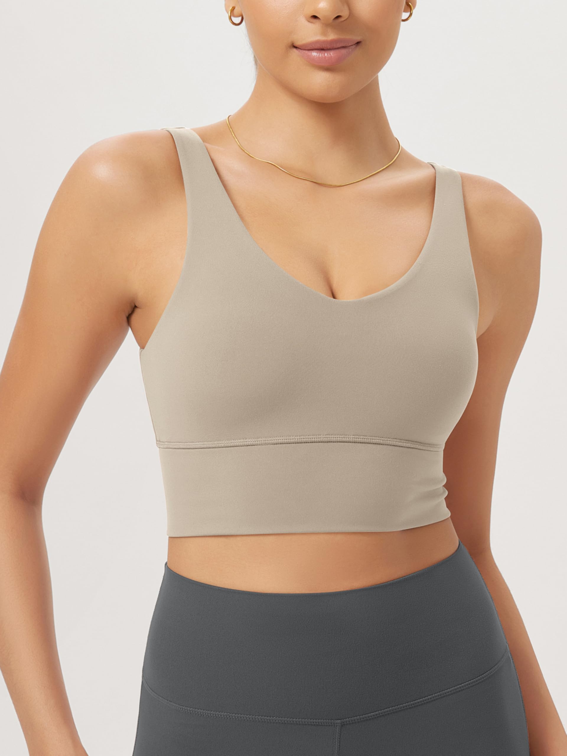 ODODOS Women's Longline U-Back Sports Bra V-Neck Padded Yoga Workout Wirefree Tank Top, Shaker Beige, Medium
