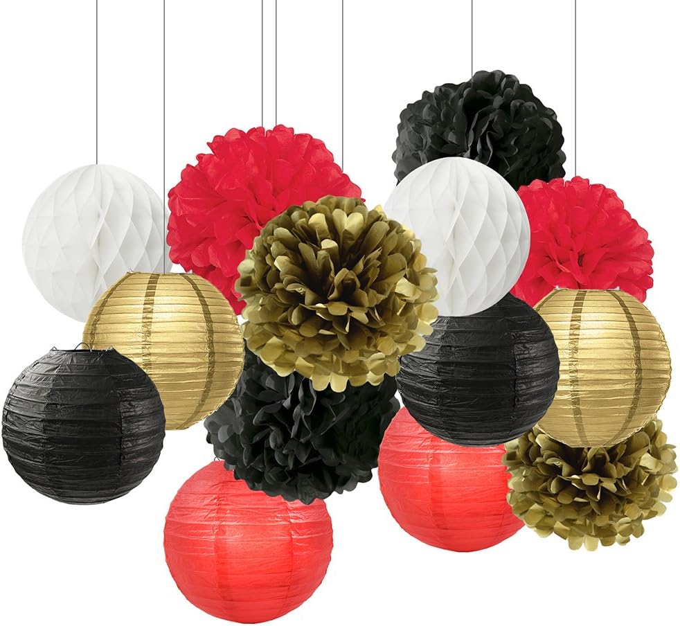 Ladybug Party Decor Lumberjack Party Decor Casino Las Vegas Poker Party Decor New Years Eve Party Decor Graduation Party Decor Black Red Gold Tissue Pom Poms for Baby Shower Birthday by HappyField