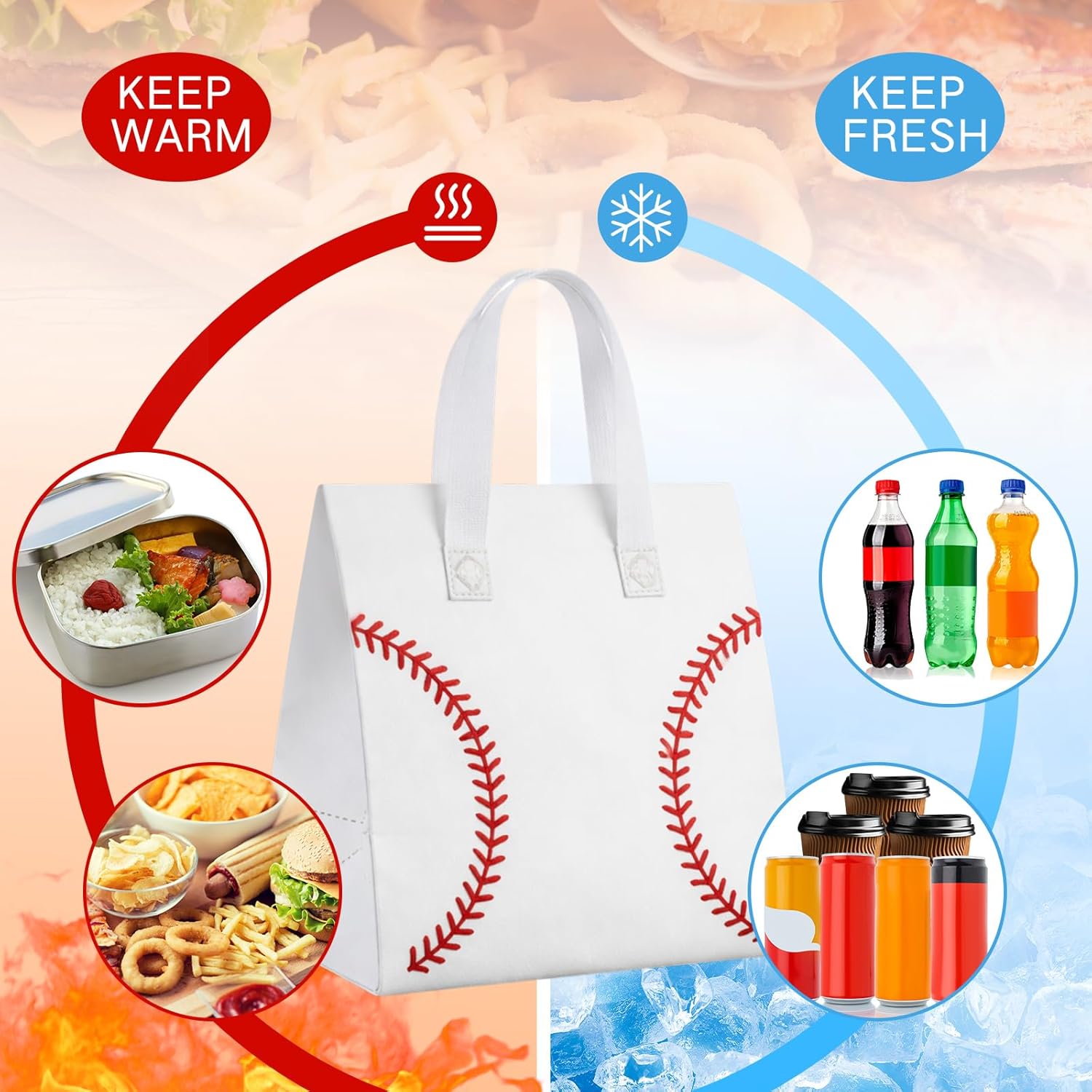 Kacctyen 50 Pcs Baseball Insulated Bags for Food Delivery, Thermal Grocery Take Away Bags for Pizza, Cookie, Cold and Hot Food, Insulated Tote for Baseball Senior Night, Sport Party, 9.5 x 9.5 x 6 in