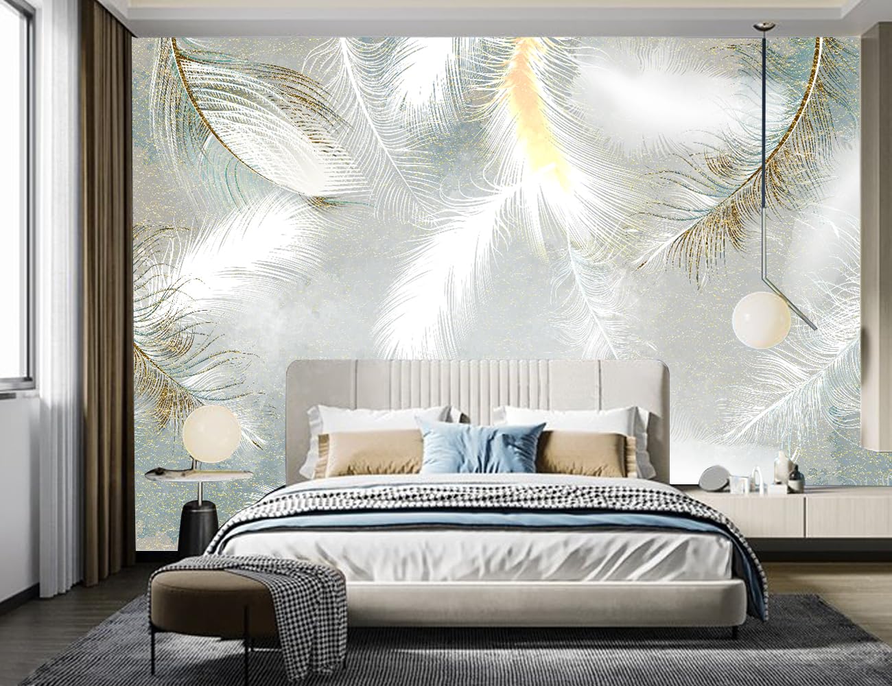 Papier Peint Panoramique 3D Soie, 356 x 250 cm Plume Blanche Simple Grandes Murales Poster, Tapisserie Panoramique pour Salon, Adulte Chambre d'enfants Décoration