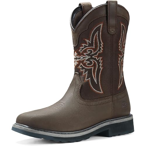 NINGO Men's Cowboy Boots Square Steel Toe, Full-Grain Leather & Oxford Splicing, Non-Slip Western Comfortable Work Boots with EH Protection, for Construction, Farming and Outdoor Work