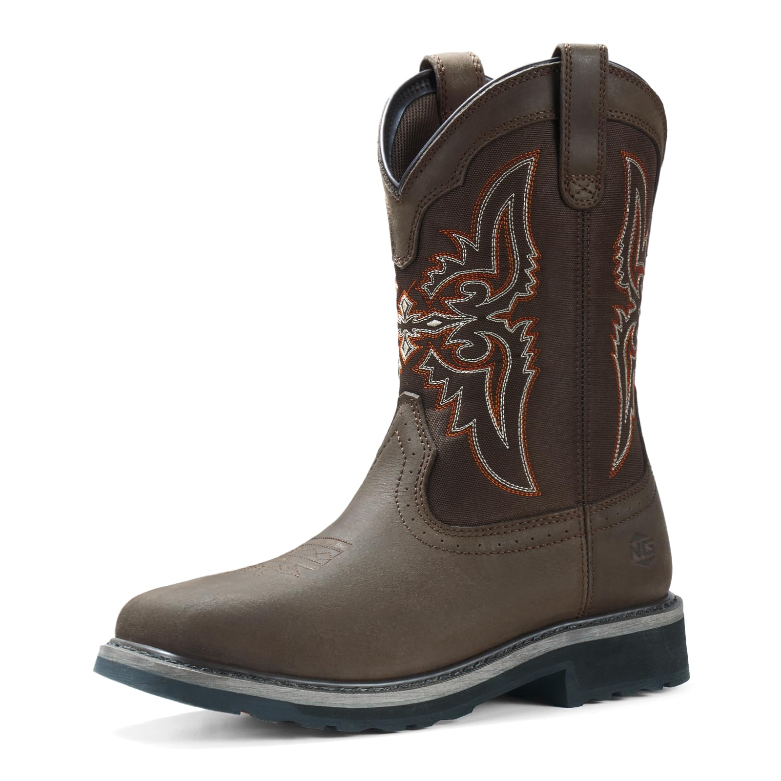 NINGO Men's Cowboy Boots Square Steel Toe, Full-Grain Leather & Oxford Splicing, Non-Slip Western Comfortable Work Boots with EH Protection, for