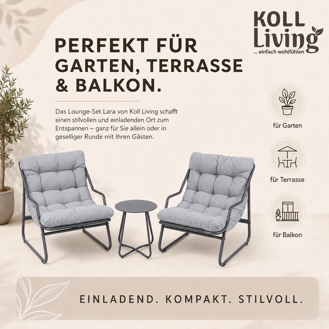 Koll Living Outdoor Bistro-Set Lara | Modernes Gartenmöbel Set mit 2 Sesseln & Tisch | Wetterfest, UV-beständig, wasserabweisend (Grau)