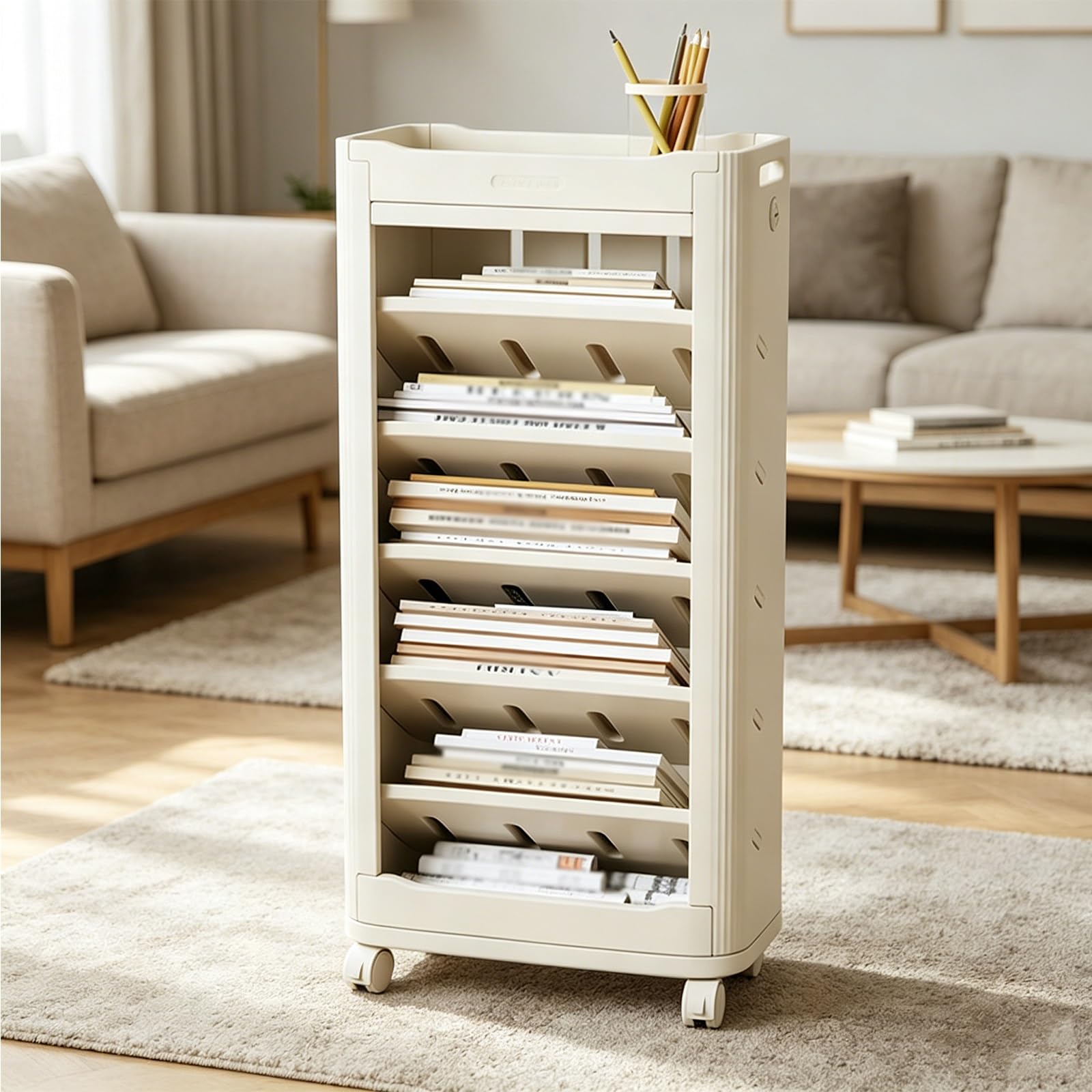 7-Tier Rolling Book Cart, Book Rack Storage Bookshelf with Wheels, Sloping Shelf Design, Multifunctional Narrow File Folder Organizer for Classroom Office Study Home(A)