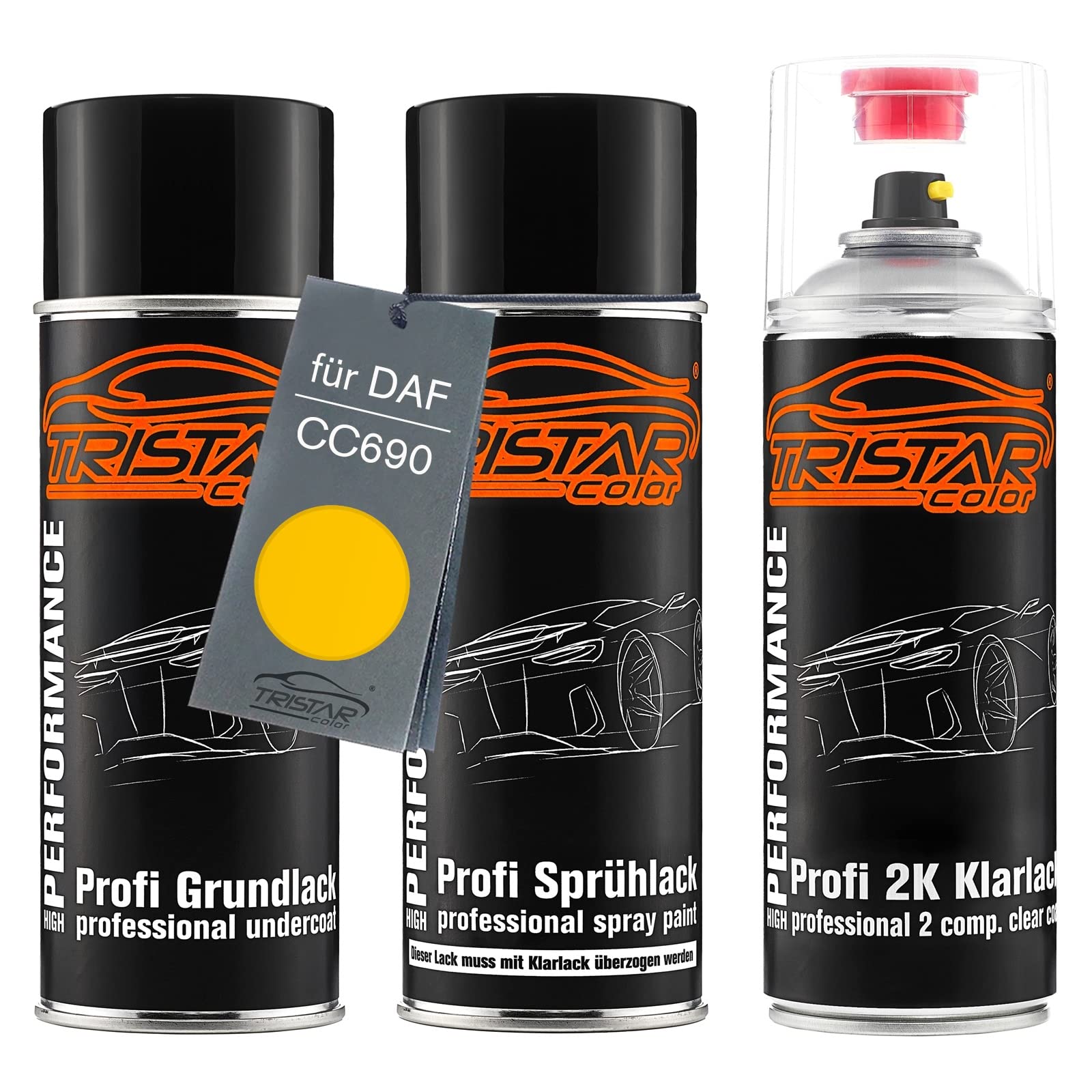 TRISTARcolor Car Paint 2K spray can set for DAF CC690 Ral 1003 Signalgelb under + base coat 2K clear coat