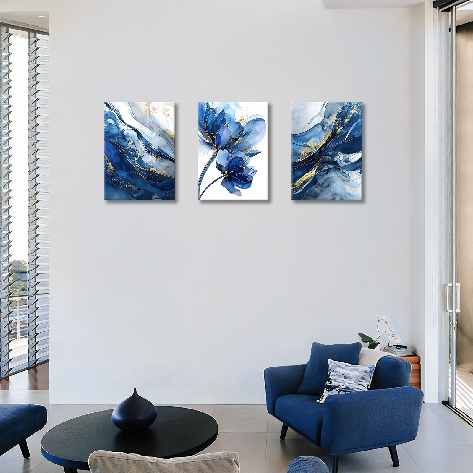 3 Pcs Wooden Framed Canvas Wall Art Canvas Prints Watercolour Gold Blue Lotus Flower Painting Abstract Navy Blue Marble Pictures for Living Room Bedroom Bathroom Hallway Home Wall Decor 40x60 cm x3pcs - Image 3