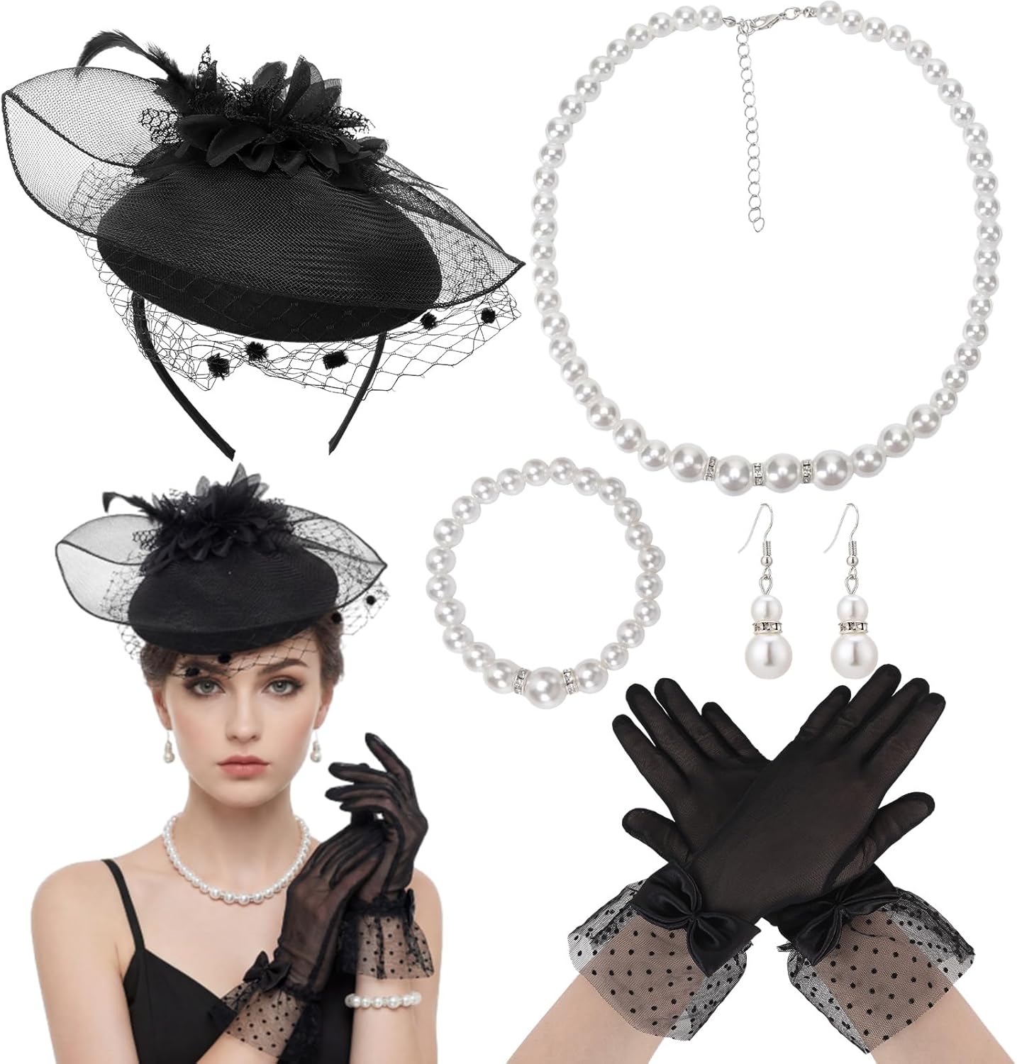 5Pcs Fascinators Hats for Women Tea Party Feather Mesh Headband with Bow Gloves Pearl Jewelry for Church Wedding Bridal Showers