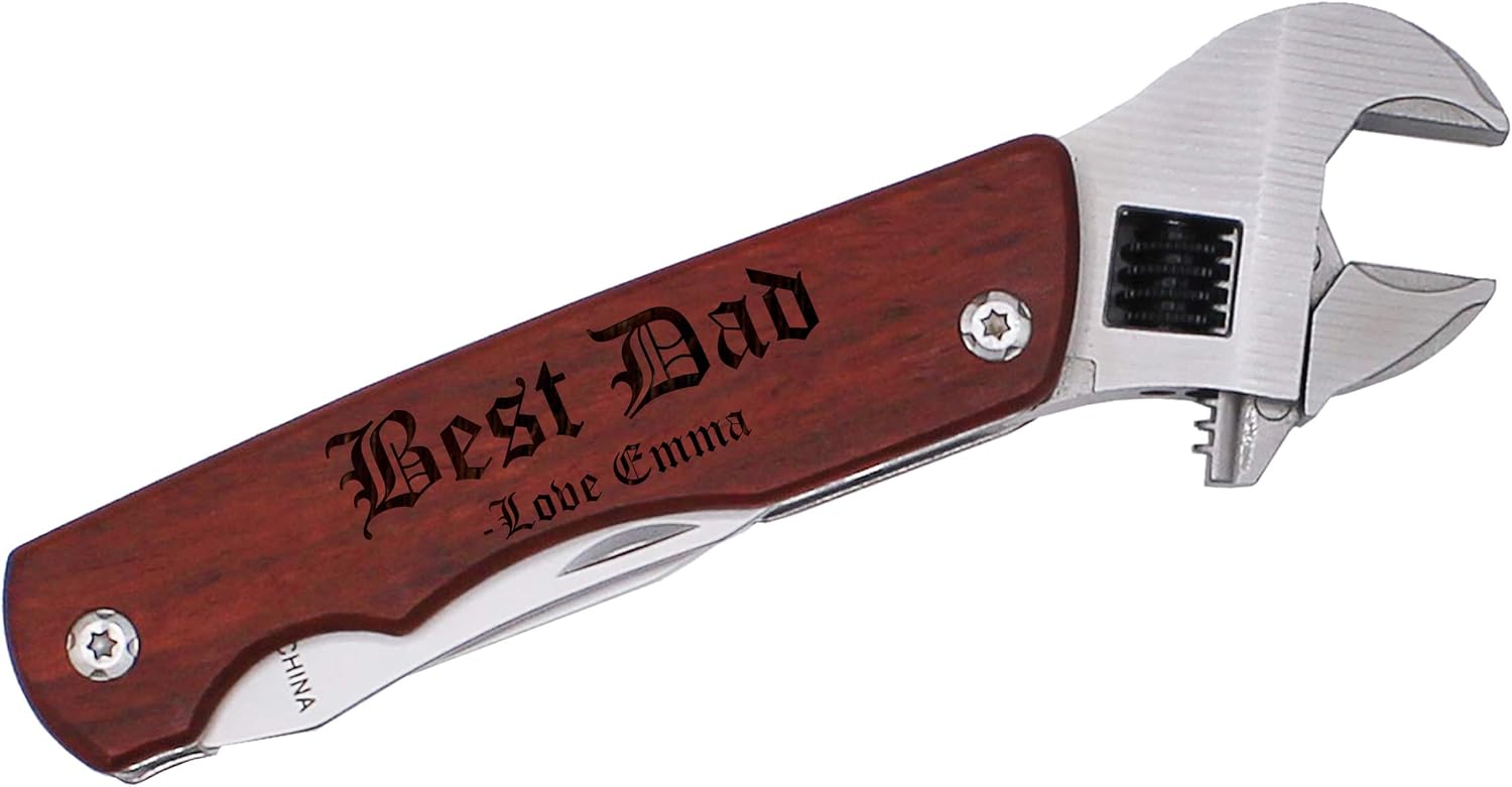 The Wedding Party Store Personalized Engraved Hammer or Wrench Multi tool with Wood Handle - Customized for Father's Day Christmas Valentine's Birthday Him Men Husband (Wrench Multi Tool)