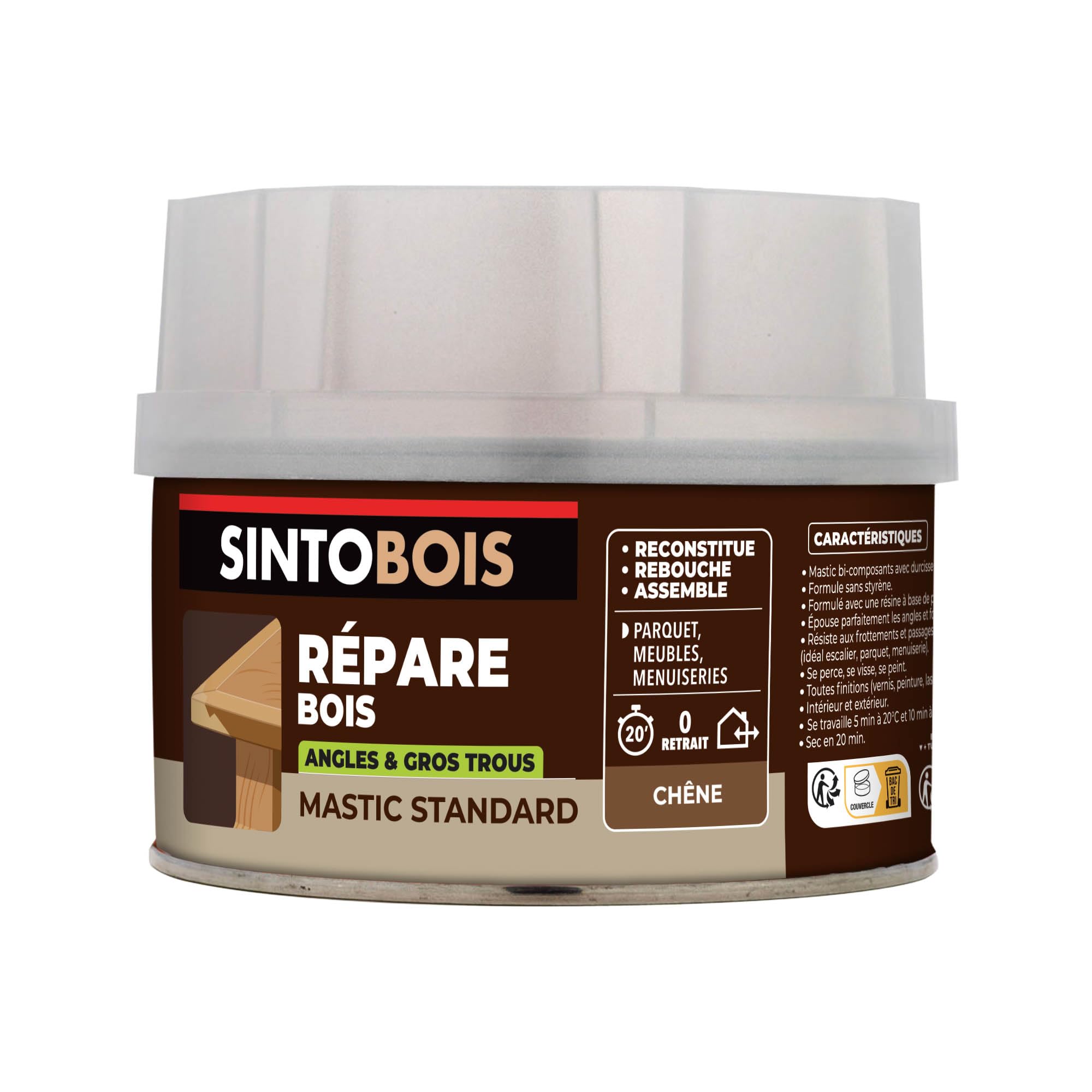 SINTO - Pâte à Bois - Angles et Gros Trous - Reconstitue Parties les Manquantes - Intérieur Extérieur - Haute Résistance & Adhérence - Sec en 20min - Chêne - Technique Professionnelle - 190g