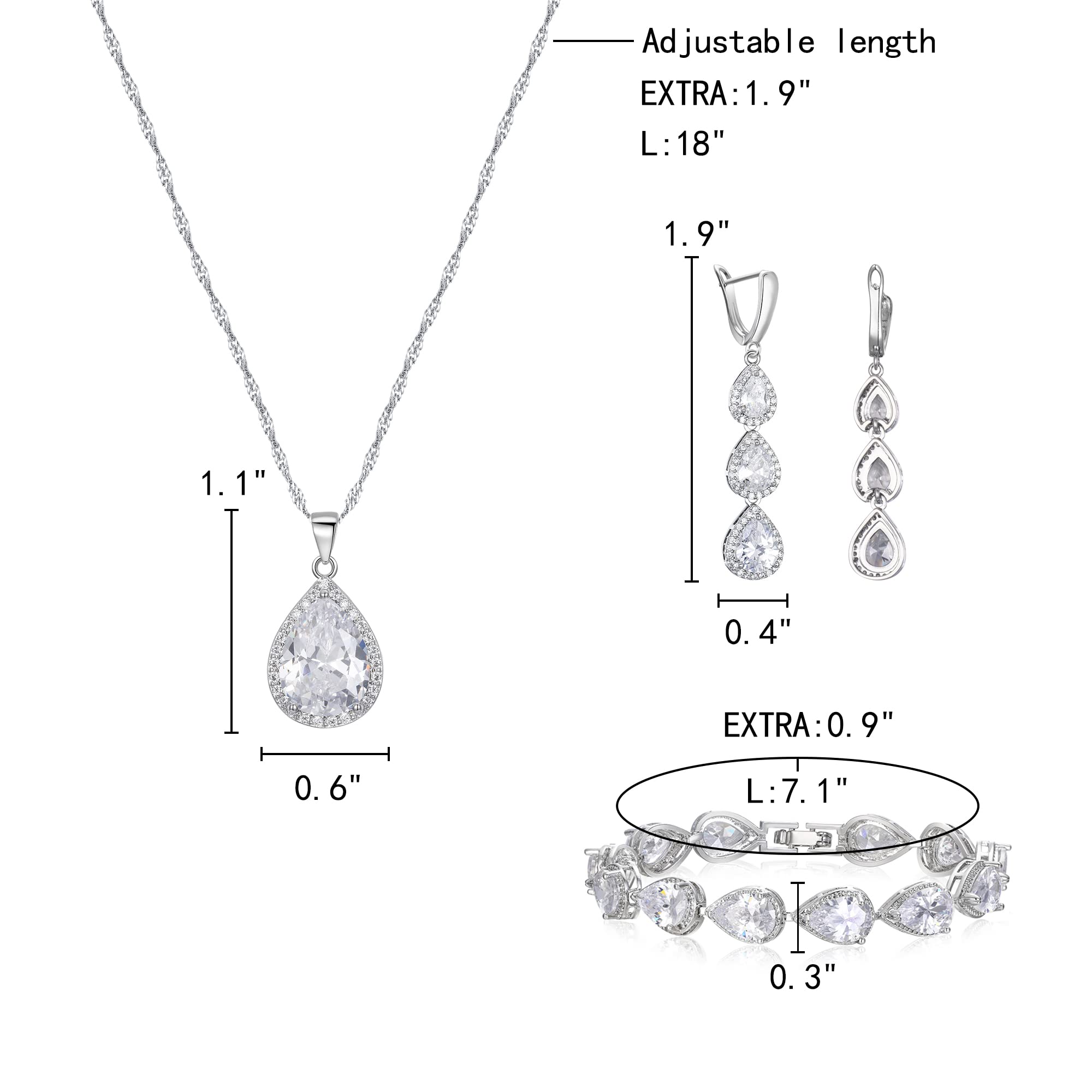 Set di Gioielli da Sposa per Le Donne Damigella d'Onore, Argento Placcato Goccia Zirconia cubica Collana Lunga Dangle Orecchini Bracciale per Partito