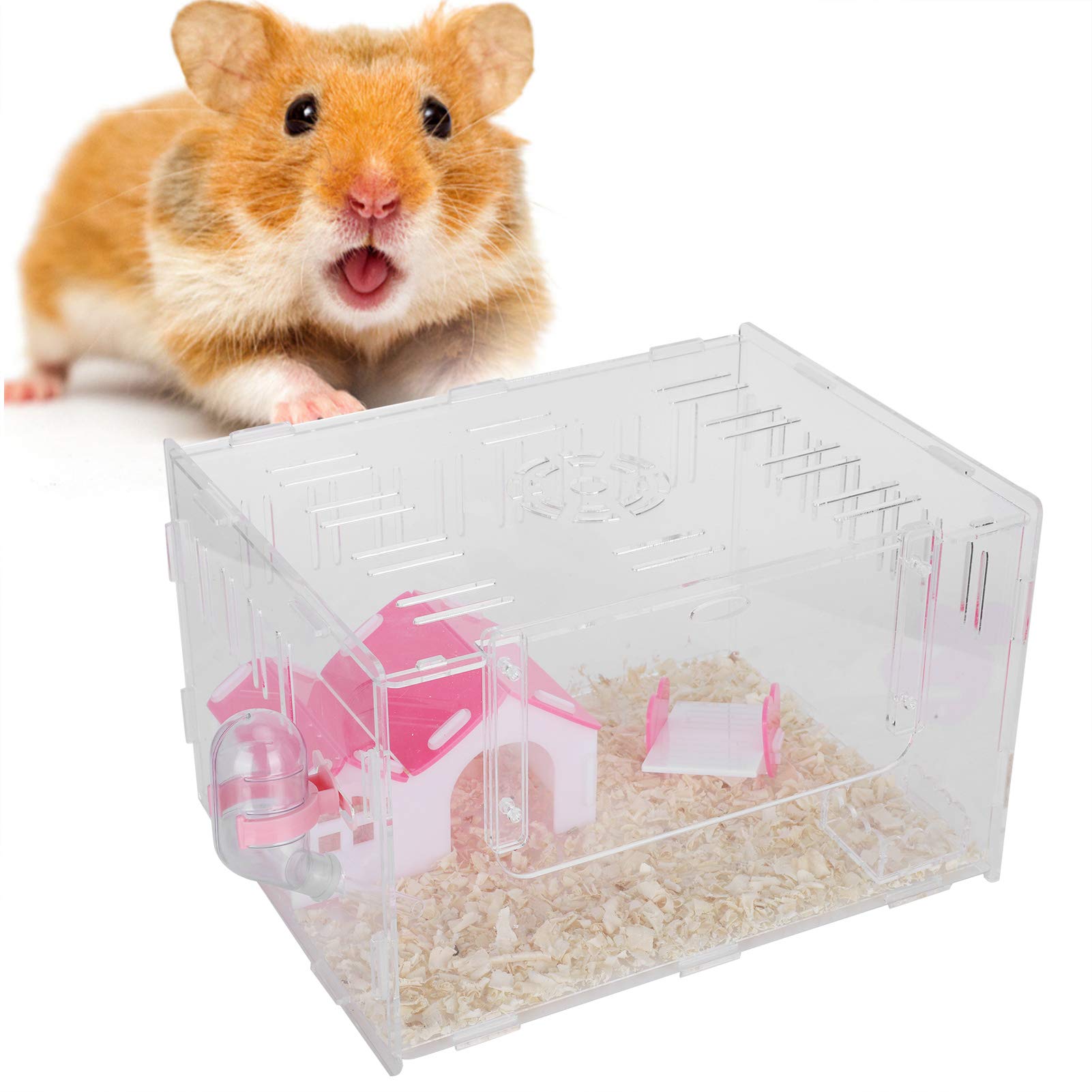 Jaula acrílica para hámster, Castillo Transparente de una Sola Capa para Mascotas pequeñas, Suministros para hámster con Cuenco de alimentación y Cuenco de Agua, Material no (L)