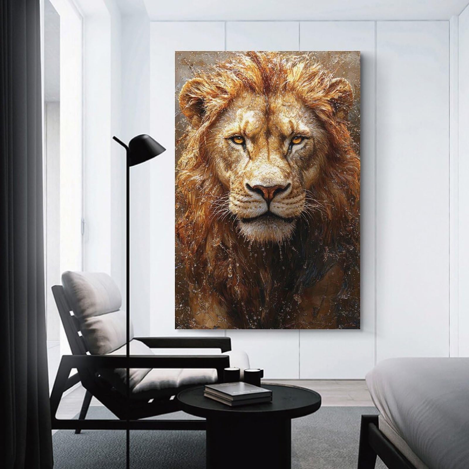 Junmoney Majestic Lion Portrait with Water Droplets Canvas Wall Decor 12x18inch(30x45cm), for Study, Office Or Focused Interiors, Wall Art That Adds Style to Work Areas