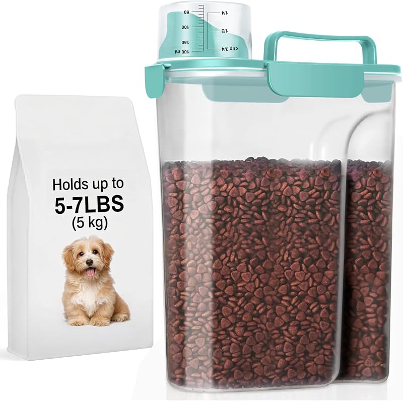 Recipiente hermético para armazenamento de ração de cães e gatos LEAWALK com bico grande, copo medidor e alça, 5 L Azul Elegante