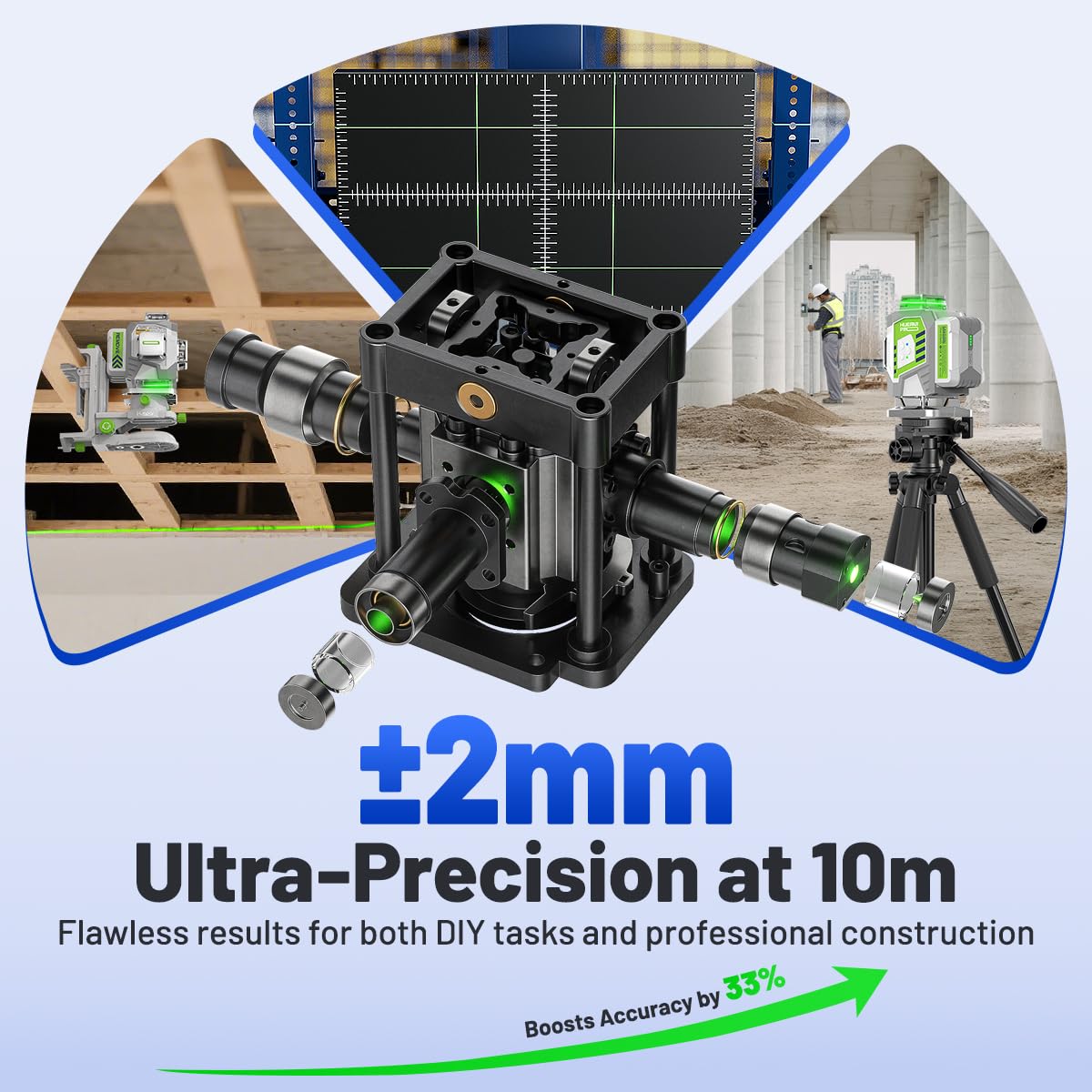 Huepar Pro Outdoor Nivel Láser con Receptor, 4 * 360° Autonivelante con Láser Verde, Nivelación de Alta Precisión en 4D con Batería de Iones de Litio de 8000mAh, Control Remoto y Estuche Rígido
