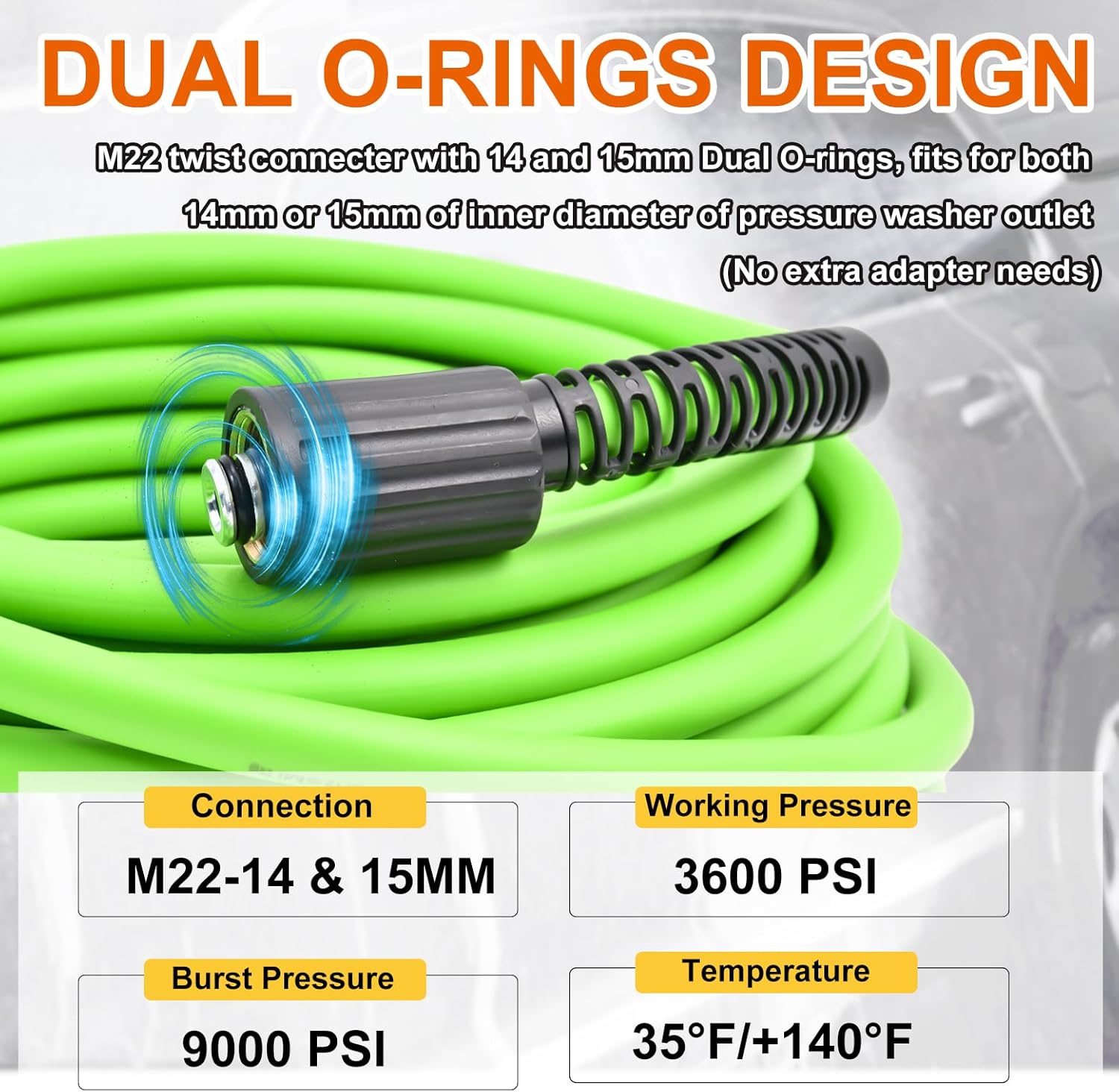 50FT Pressure Washer Hose, Power Washer Hose with M22-14mm&15mm Fitting,3600PSI 1/4" Kink-Free Pressure Washer Extension Hose, Replacement Power Washer Hose for Gas Electric Pressure Washers