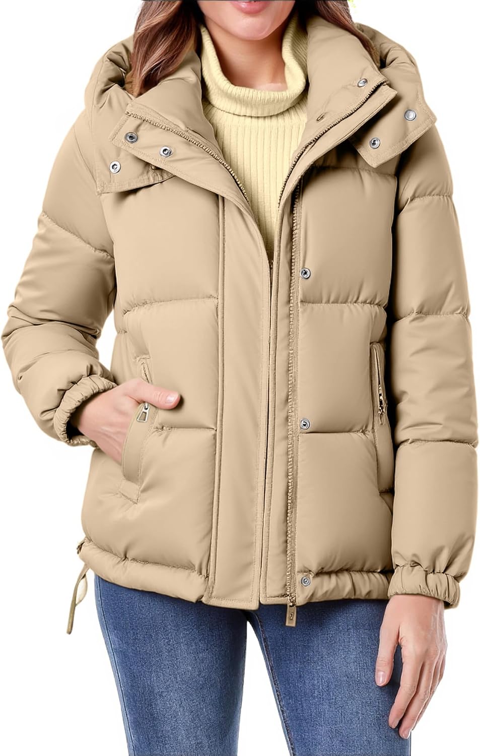 hathne Women's Cropped Puffer Jacket Coats Winter Zip Up Hooded Short Warm Padded Jacket Outerwear - Image 4