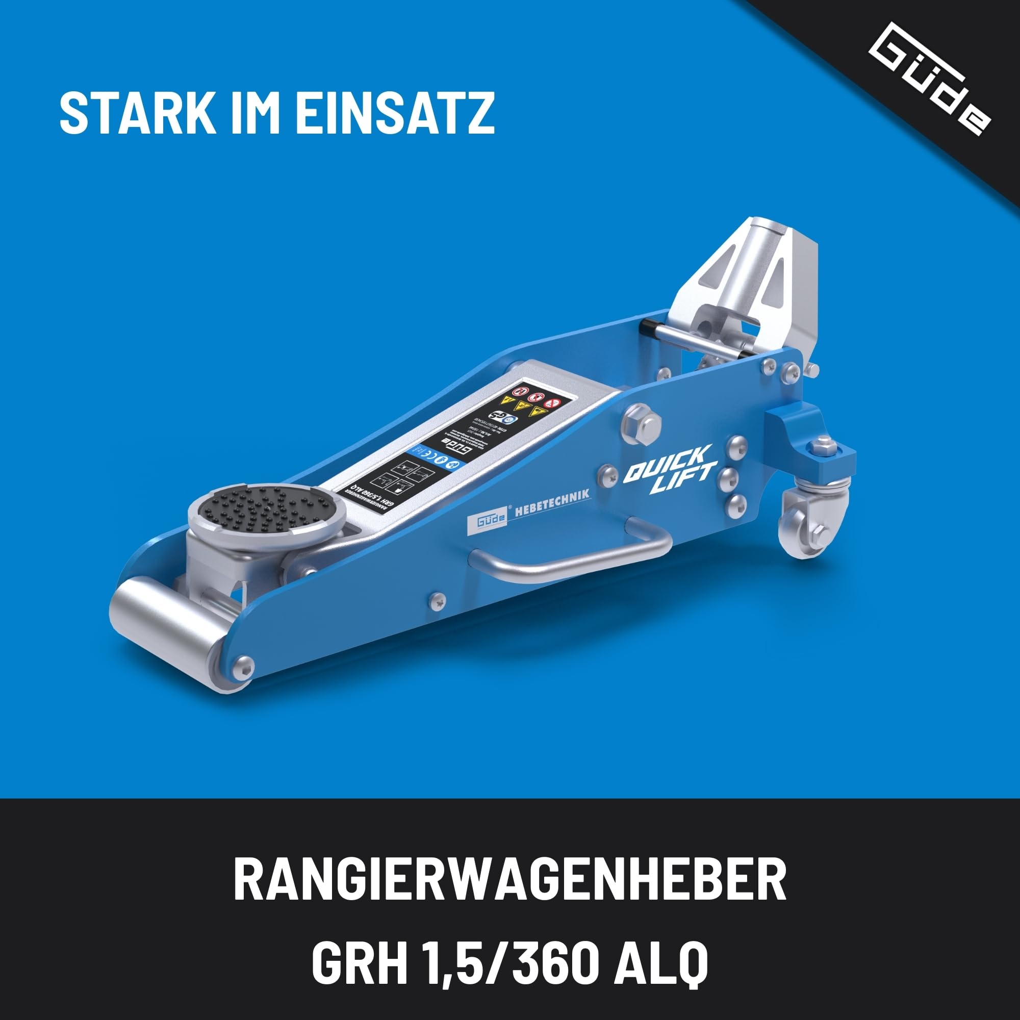 Güde GRH 1,5/360 ALQ Rangierwagenheber - 1,5 Tonnen Hubkraft, 9,7 Zentimeter Lastteller-Durchmesser, min. 9 bis max. 35,8 Zentimeter Hubhöhe, Quick-Lift-Funktion, Stahl- und Aluminium Konstruktion