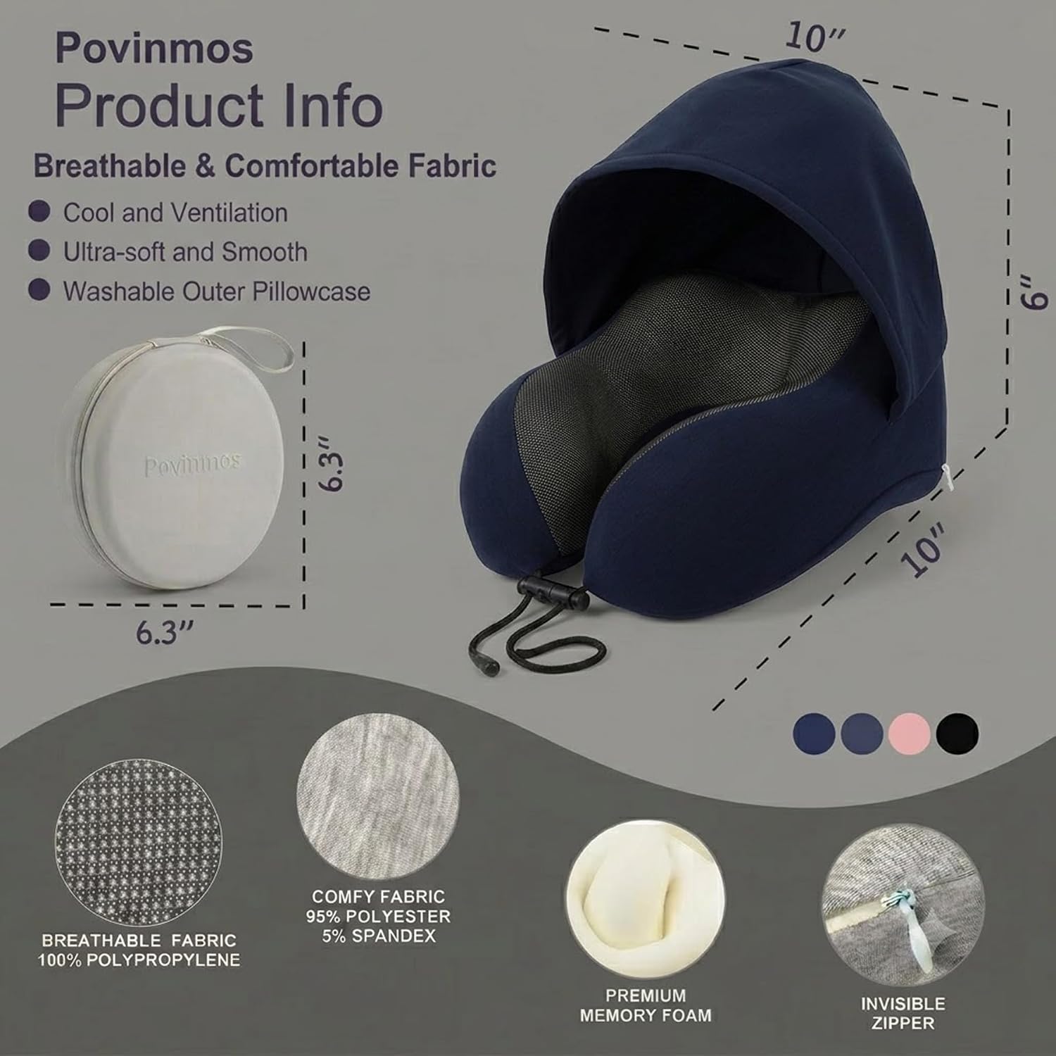 Hooded Travel Pillow,Memory Foam Neck Support Pillow with Skin-Friendly Cooling Cover and EVA Storage Case, Airplane Pillow Head Support for Office Plane Travel Car Sleeping (Navy Blue) image 5