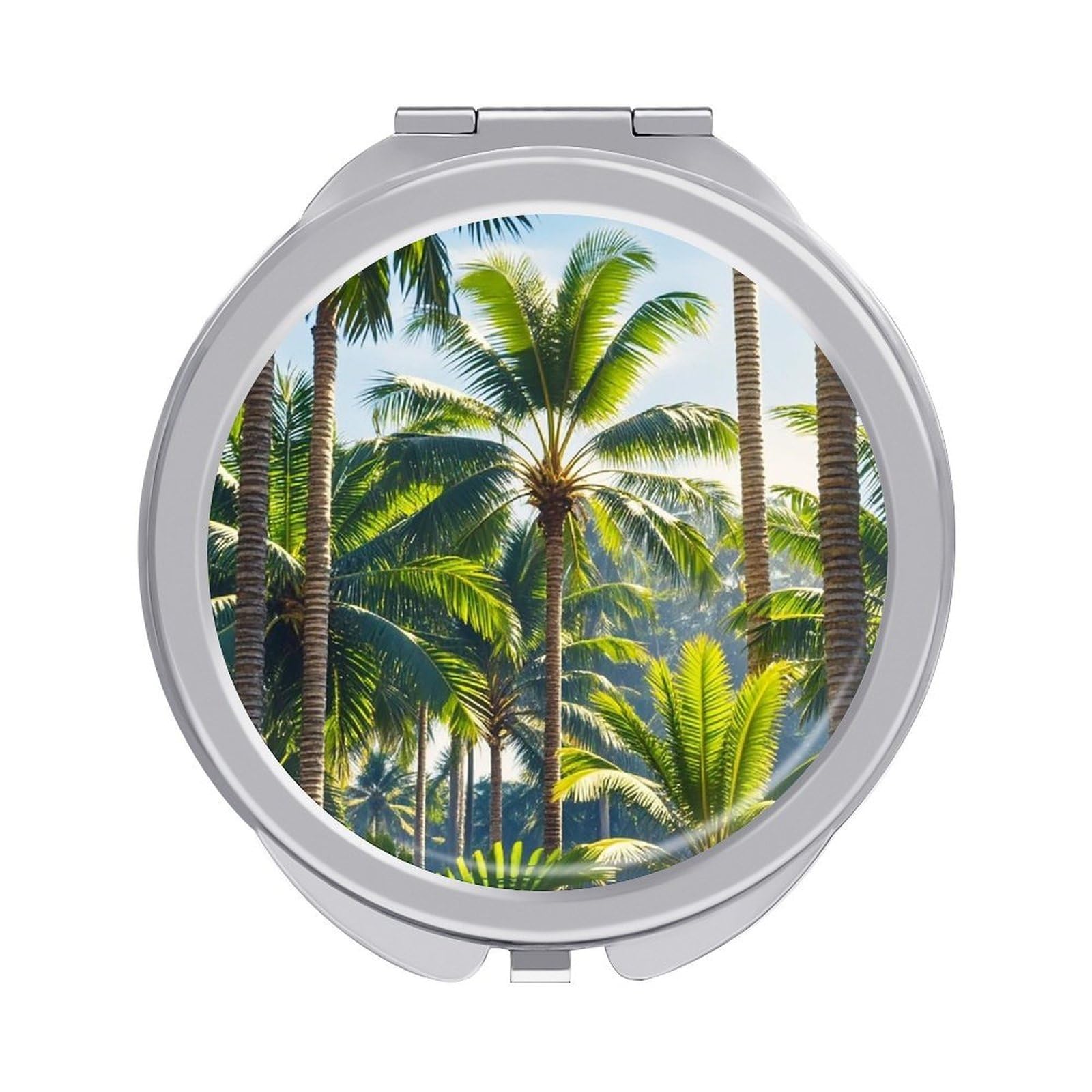 FekiLoot Palm Trees Travel Makeup Mirror for Women Folding Portable Hand Compact Mirrors Small Round Vanity Mirror 1X/2X Magnifying Metal Pocket Makeup Mirrors