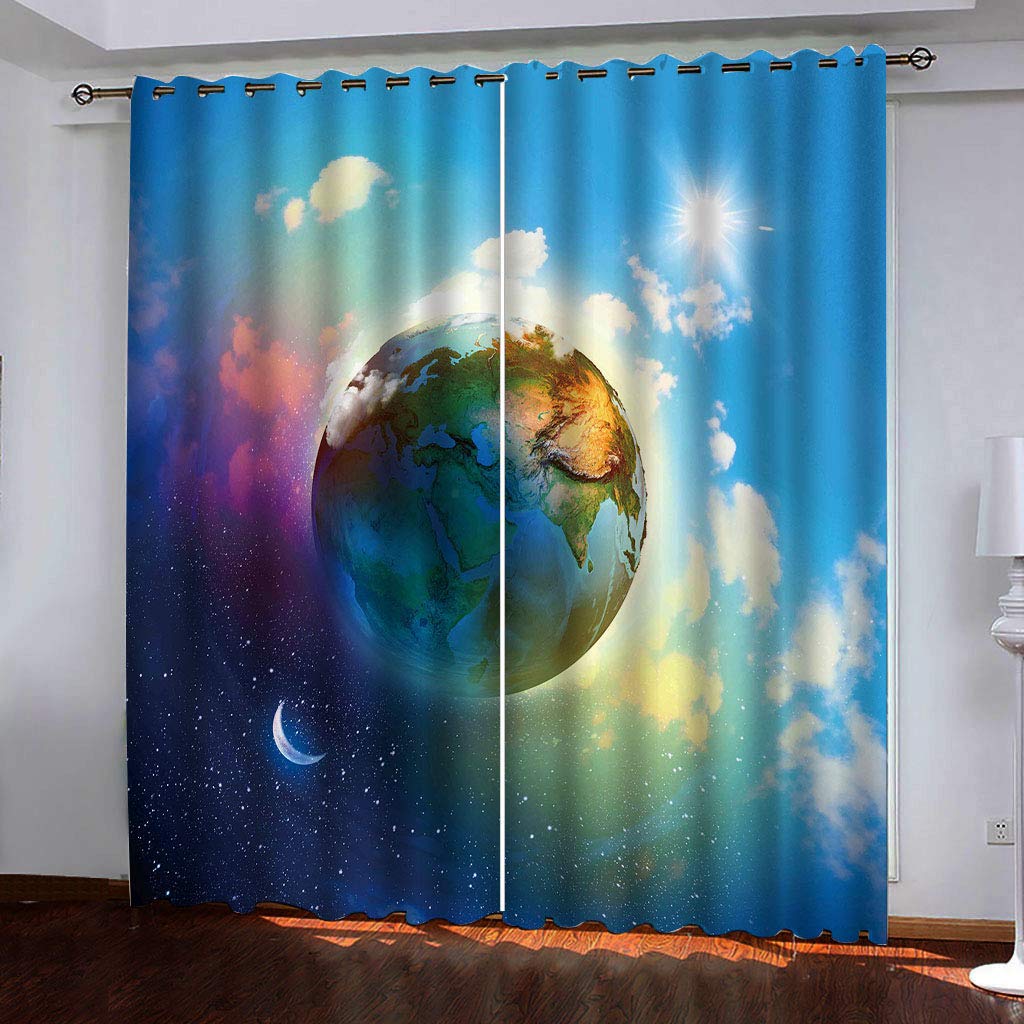 Rideaux Occultants Bleu Planète 132x175 cm | 2 Pièces Thermiques à Oeillets pour Chambre d'Enfant