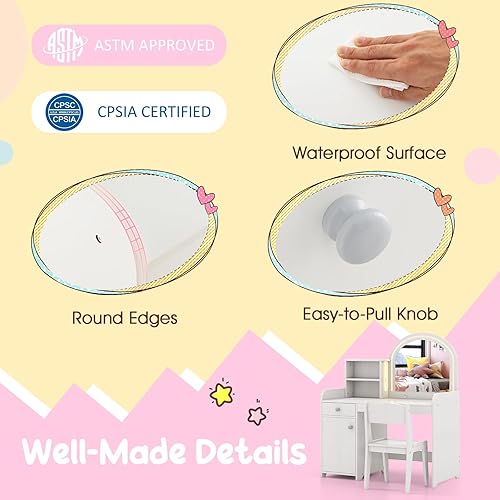 Miniatura 5 de Costzon Vanity - Juego de escritorio y silla de maquillaje de princesa 2 en 1 con espejo desmontable de tres pliegues, estantes de almacenamiento,