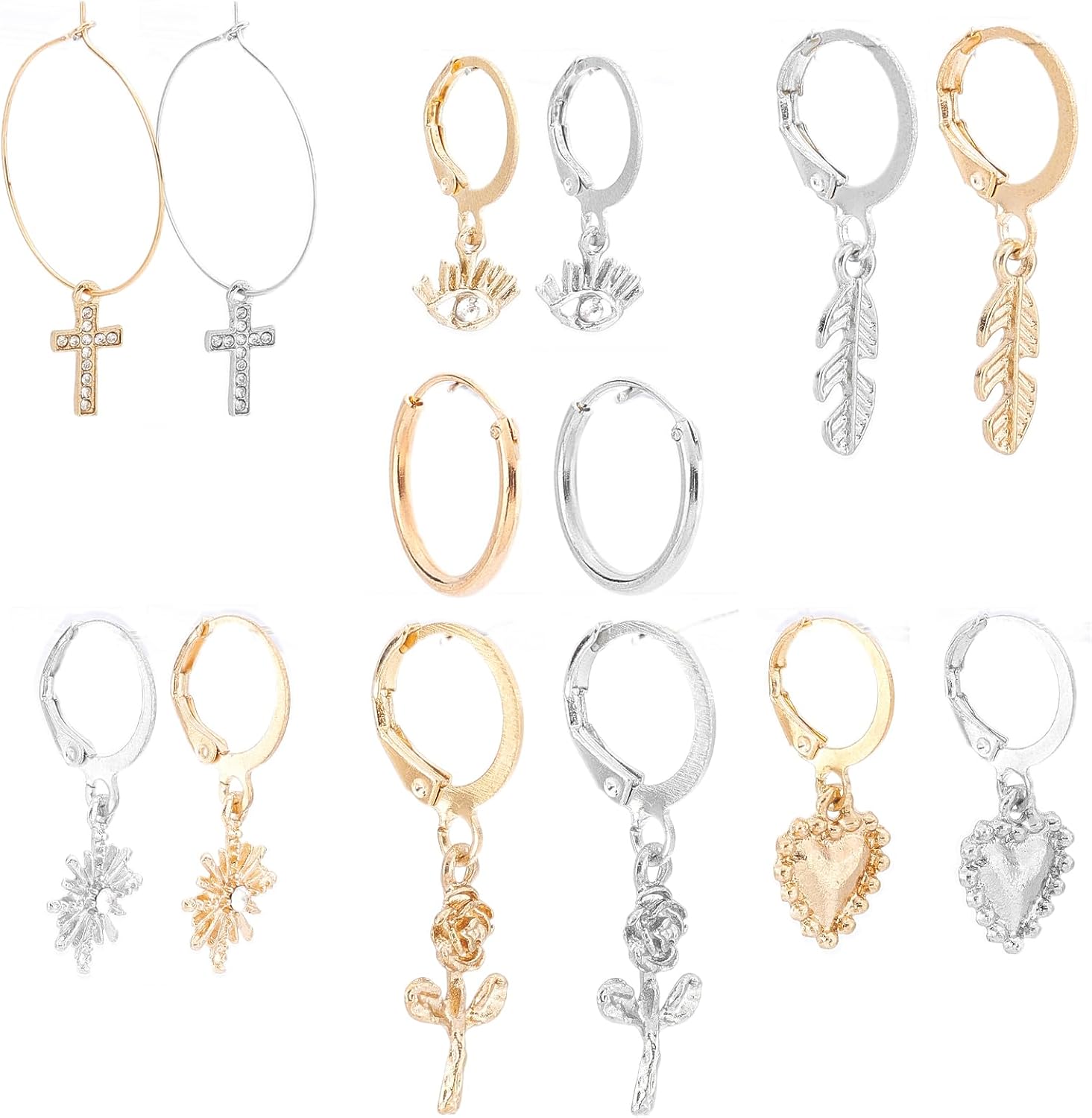 SUNNYCLUE 1 Box 14 Pairs Huggies Earrings Set Leverback Earrings Sets Hoop Huggie Earrings Dangle Hoop Earrings Gold Silver Fashion Earrings for Women Adults Jewelry Xmas Birthday Gifts Supplies
