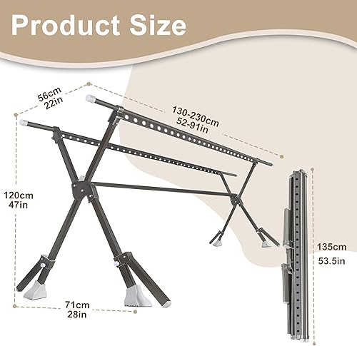 Miniatura 2 de Perchero de ropa de 52 a 91 pulgadas, plegable, longitud ajustable, estante de secado de ropa resistente, para interiores y exteriores, con 42