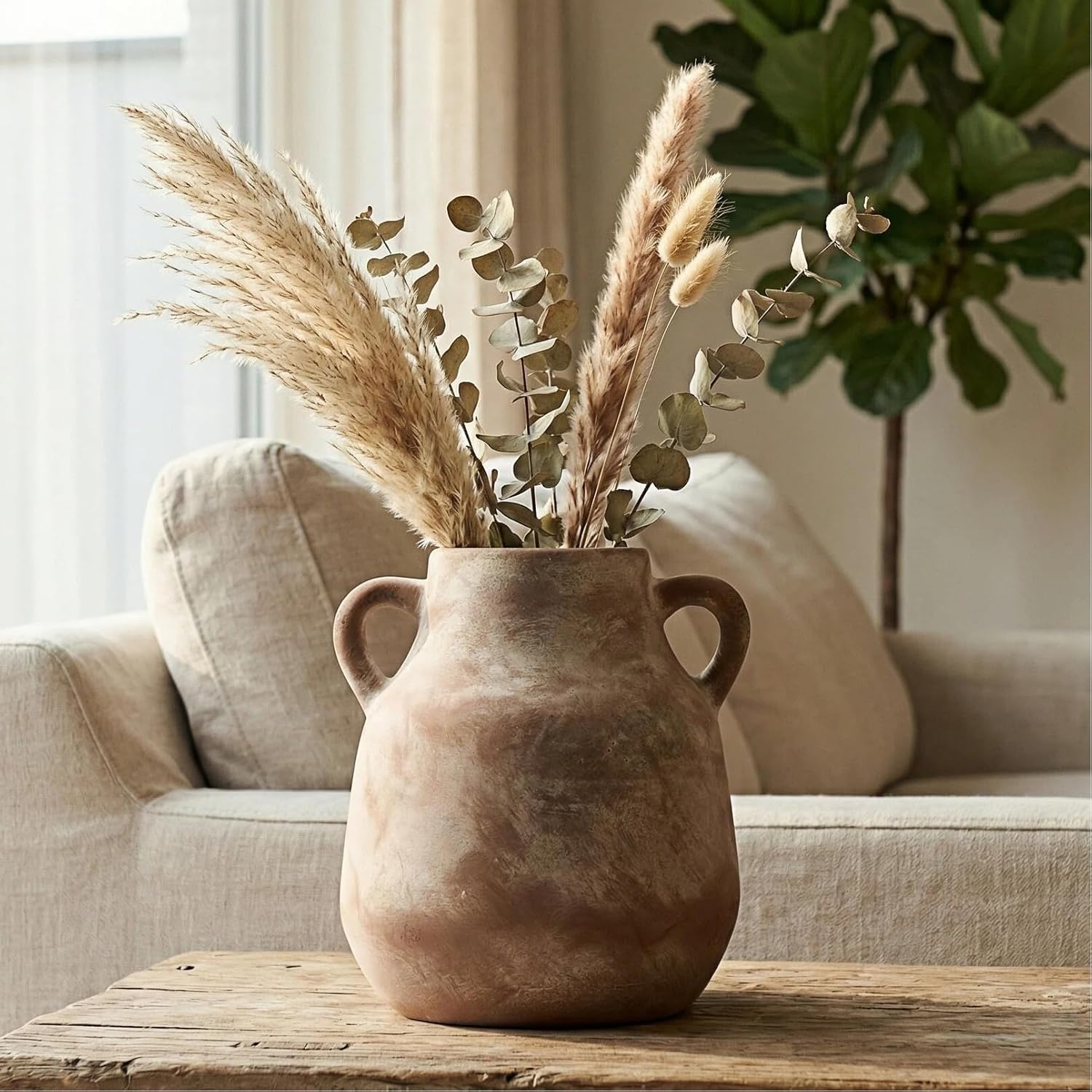 Ceramic Flower Vase with Handle - Home Decor Vintage Vases for Living Room Bedroom Kitchen Farmhouse Table Rustic Decorations for Book Shelf Wedding Centerpiece Dining Fireplace (Terracotta)