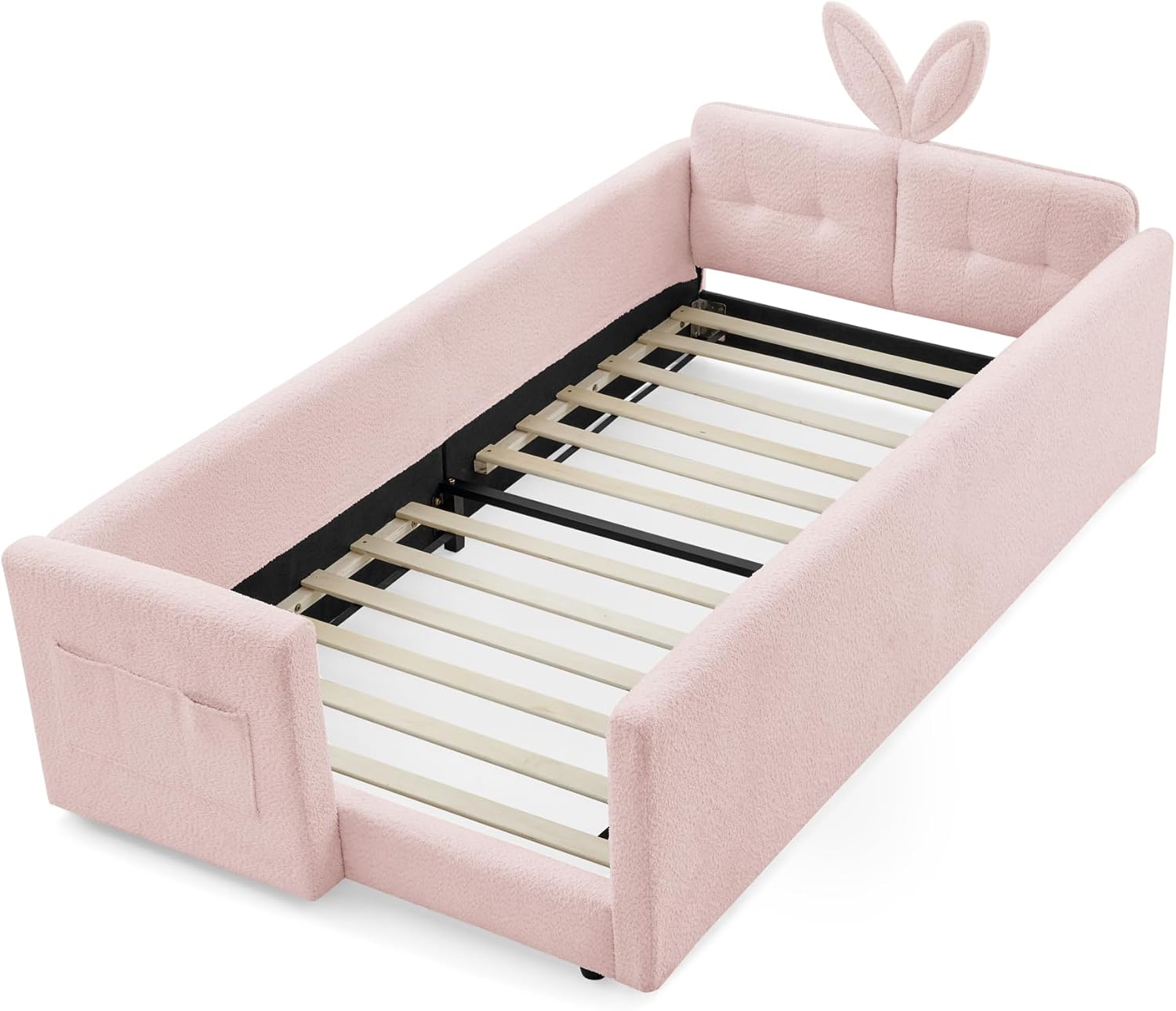 Twin Size Upholstered Daybed with Rabbit Ear Shaped Headboard, Boucle Fabric Platform Bed with Safety Rail and Storage Pocket, Cute Kids Bed Frame for Girls Boys, Pink