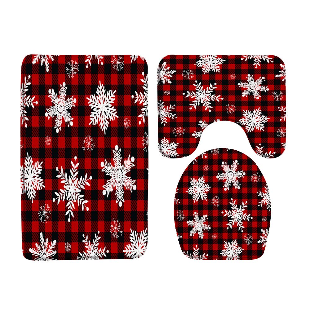 Sunhe 3 Piece Christmas Snowflake Bath Mat Sets Red Black Buffalo Plaid White Snowflake Rustic Farmhouse Winter Holiday Merry Christmas Bathroom Rug,