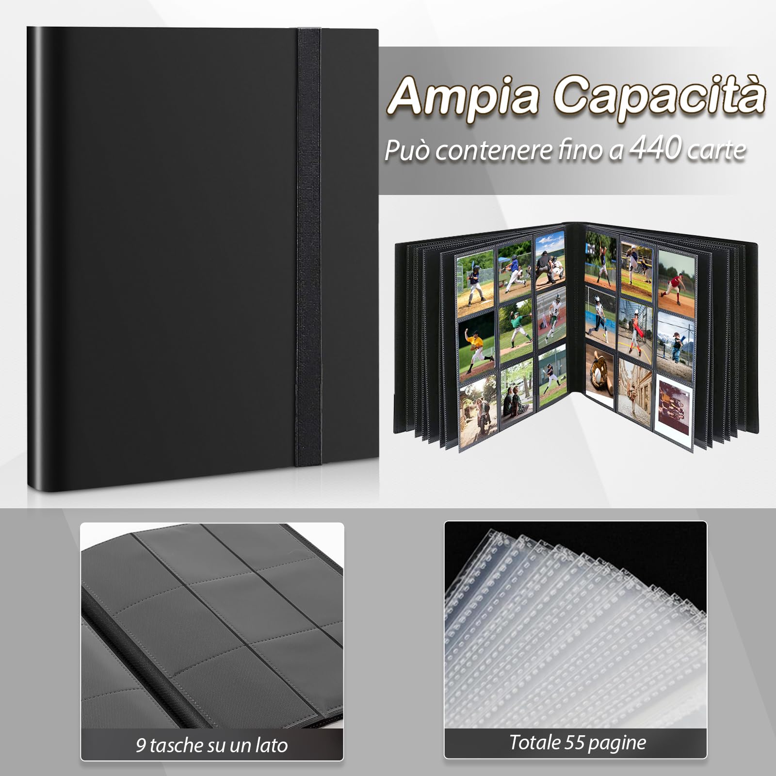 Album Carte Raccoglitore, 468 Grande Album Carte, Legame Portatile e Impermeabile in PU per Carte MTG/TCG/CALCIO-BASEBALL/Carte da Scambio (Nero) - 3