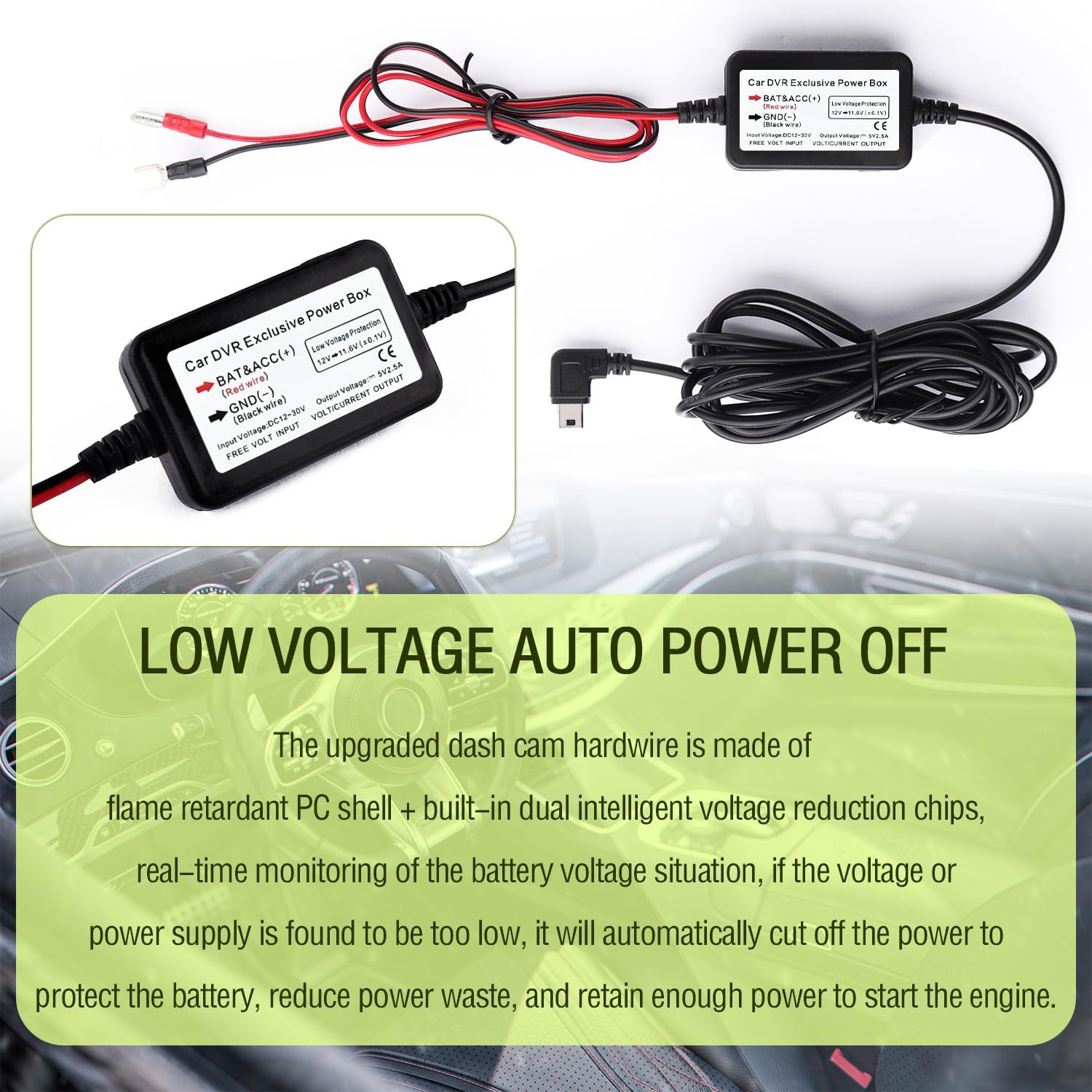 9.68Ft Micro USB Dash Cam Hardwire Kit - 12V-30V to 5V 2.5A Car Dash Camera Charger Power Supply+4PCS 16AMG Car Fuse Tap&4PCS 5A Blade Fuse for Most Car Dash Camera (Micro USB) image 5