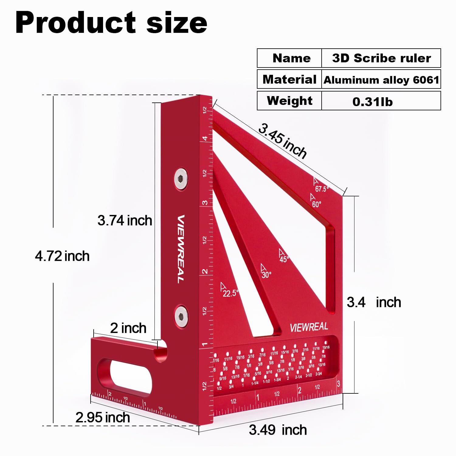 Regla de medición 3D multiángulo: 22.5/30/45/60/67.5/90 grados, de aleación de aluminio, transportador, ideal para ingenieros carpinteros, manualidades, dibujo
