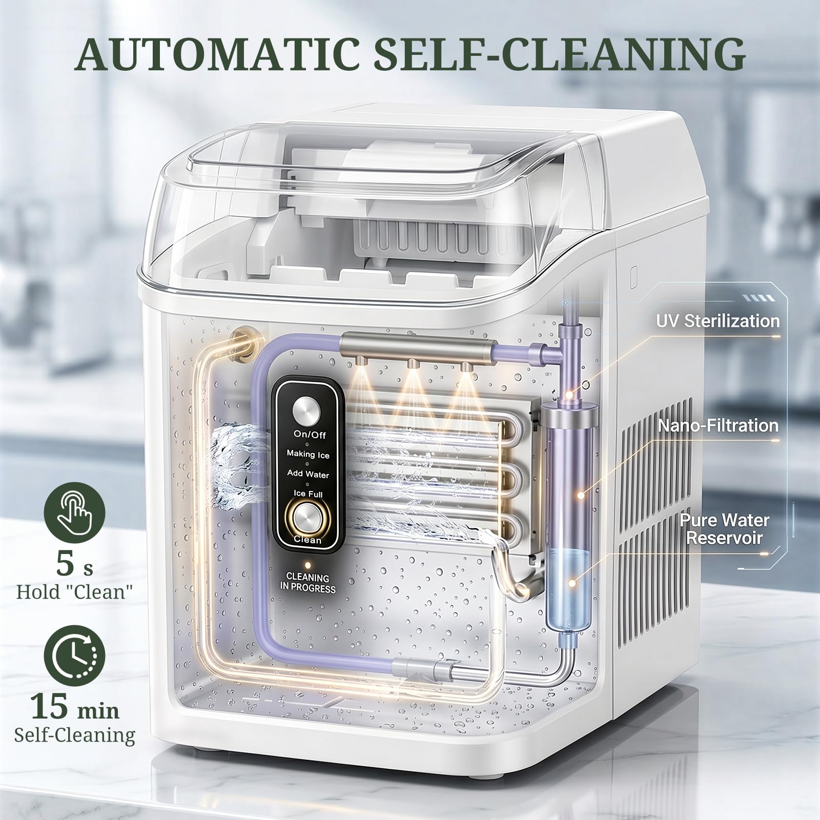 Nugget Ice Maker Countertop, 6-Min Fast Chewable Pellet Ice, 24lbs/24h Portable Ice Machine With Self-Cleaning, Ice Full & Low Water Indicator, Basket & Scoop For Home, Party, RV, Camping (White) on Fridge.com - View 5