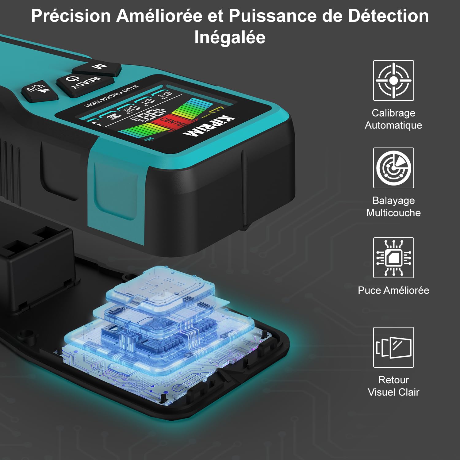 Détecteur de Montants Kiprim avec Écran LCD, Détecteur Électronique 5 en 1 pour Bois, Métal, Détection de Fils sous Tension, 3 Modes de Profondeur, Alerte Sonore, Scanneur Mural WS01