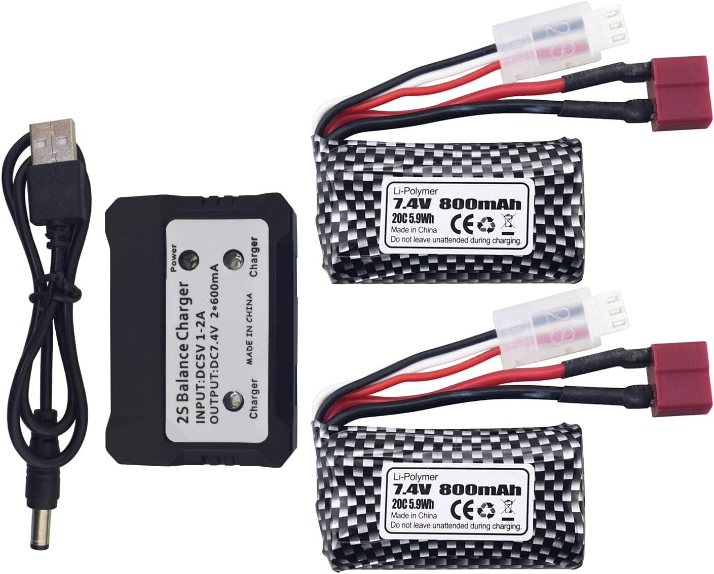 2PCS 7.4V 800mAh T-Plug Lithium Battery with 2-in-1 Charger for YC100 HM161 HM162 HM166 HM201 9145 RC Toy Car RC 4WD High Speed Off-Road RC Car