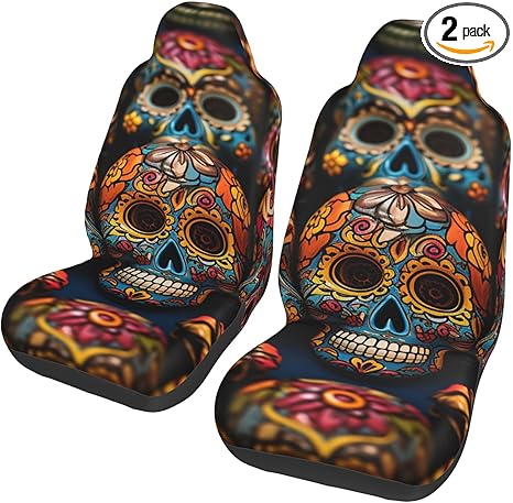 Colorful Sugar Skulls Car Front Seat Covers Set of 2, Elastic Breathable Car Front Seat Protector Soft Comfy Vehicle Seats Cushion Cover Car Accessories Universal Fit for Most SUV Sedan Truck