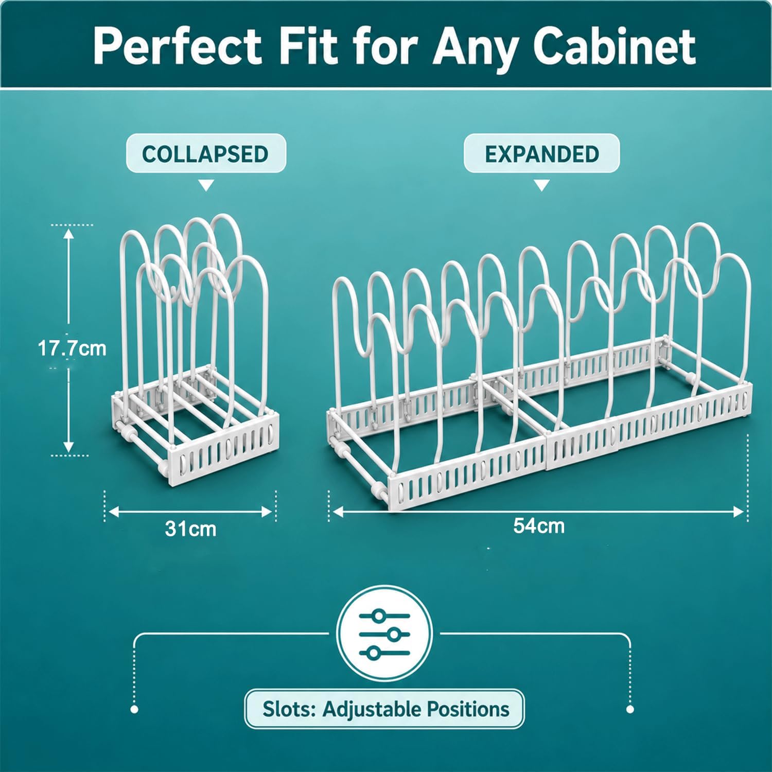 Pot and Pan Organizer for Kitchen Cabinet – Expandable Bakeware Storage Rack with 13 Adjustable Dividers, Frying Pan & Lid Organizer for Pots, Pans, Cutting Boards and Cookie Sheets