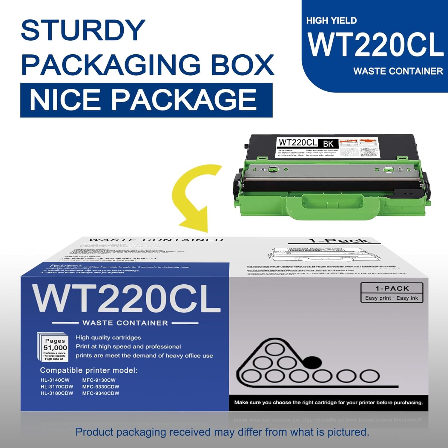 1 Pack WT220CL Black Waste Container High Yield Compatible WT220CL Replacement for Brother HL-3140CW HL-3170CDW HL-3180CDW MFC-9130CW MFC-9330CDW MFC-9340CDW Printer