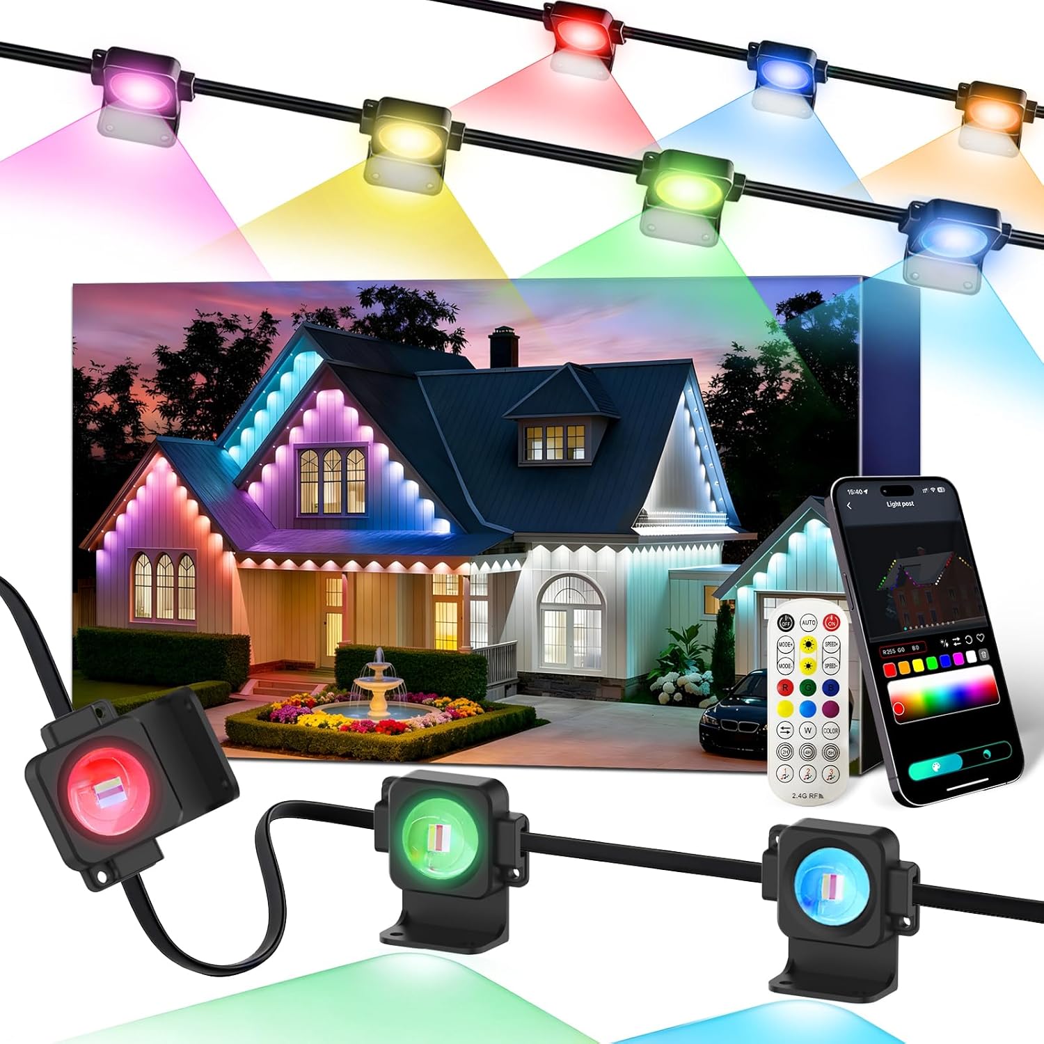 Permanent Outdoor Lights 100FT, Smart RGB+IC Eave Lights with Remote APP Control, DIY LED Color Individual, White & Colorful Christmas String Light, IP67 Waterproof for House Outside Decor