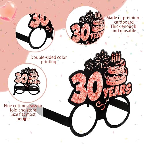 Miniatura 3 de Faccito 36 lentes de papel para cumpleaños de 30 años de 1995 para mujer, color rosa, plateado y negro, lentes de feliz cumpleaños de 30 años,