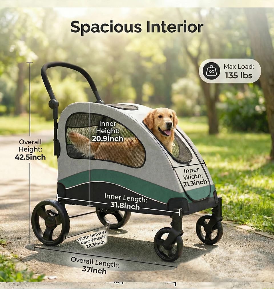 Extra Large Dog Stroller for Large Breed,Folds Flat, 160 Lbs Capacity Pet Stroller Wagon with 360° Rotating Front Wheels & Adjustable Handle, Ventilated Design, Easy-Clean Fabric & Storage Pocket