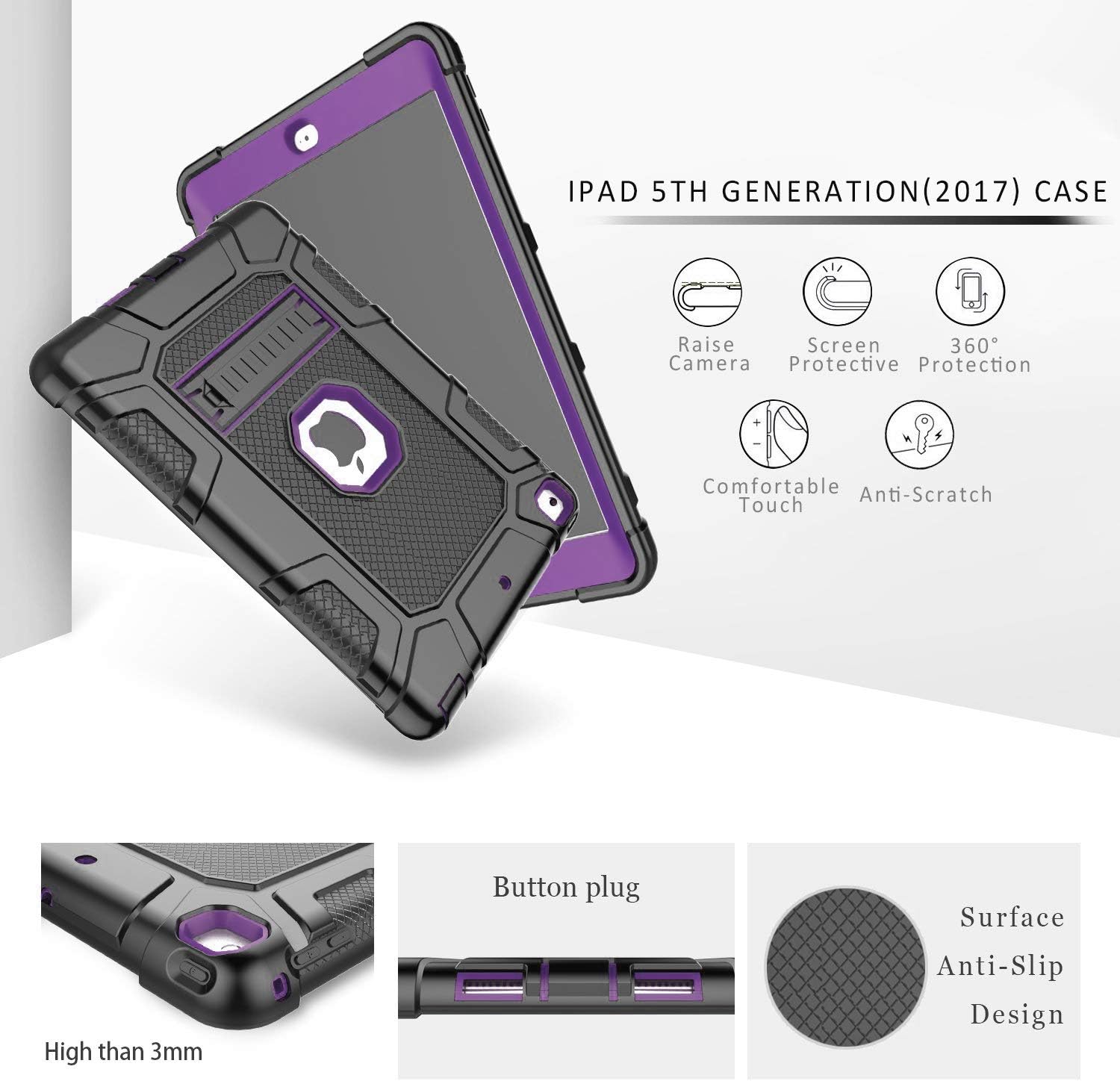 PBRO Case for iPad 9.7 2018/2017,iPad 9.7 iPad 5th / 6th Generation Shockproof Defender Kickstand Three Layer Protective Anti-Scratch Rugged Hybrid Case for iPad 2017/2018,Black Purple