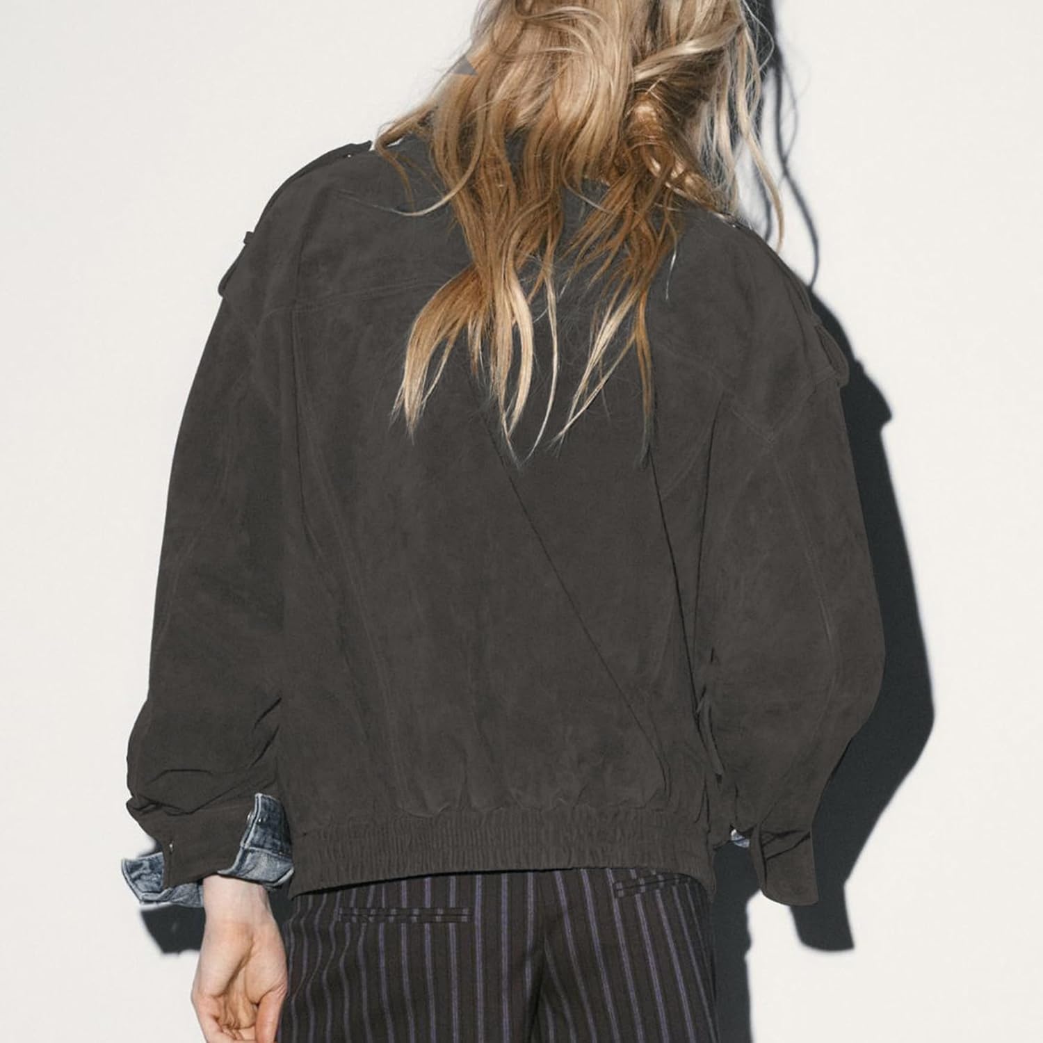 Womens Faux Suede Leather Jackets Zipper Lapel Long Sleeve Bomber Jackets Oversized Blazer Going Out Outwear