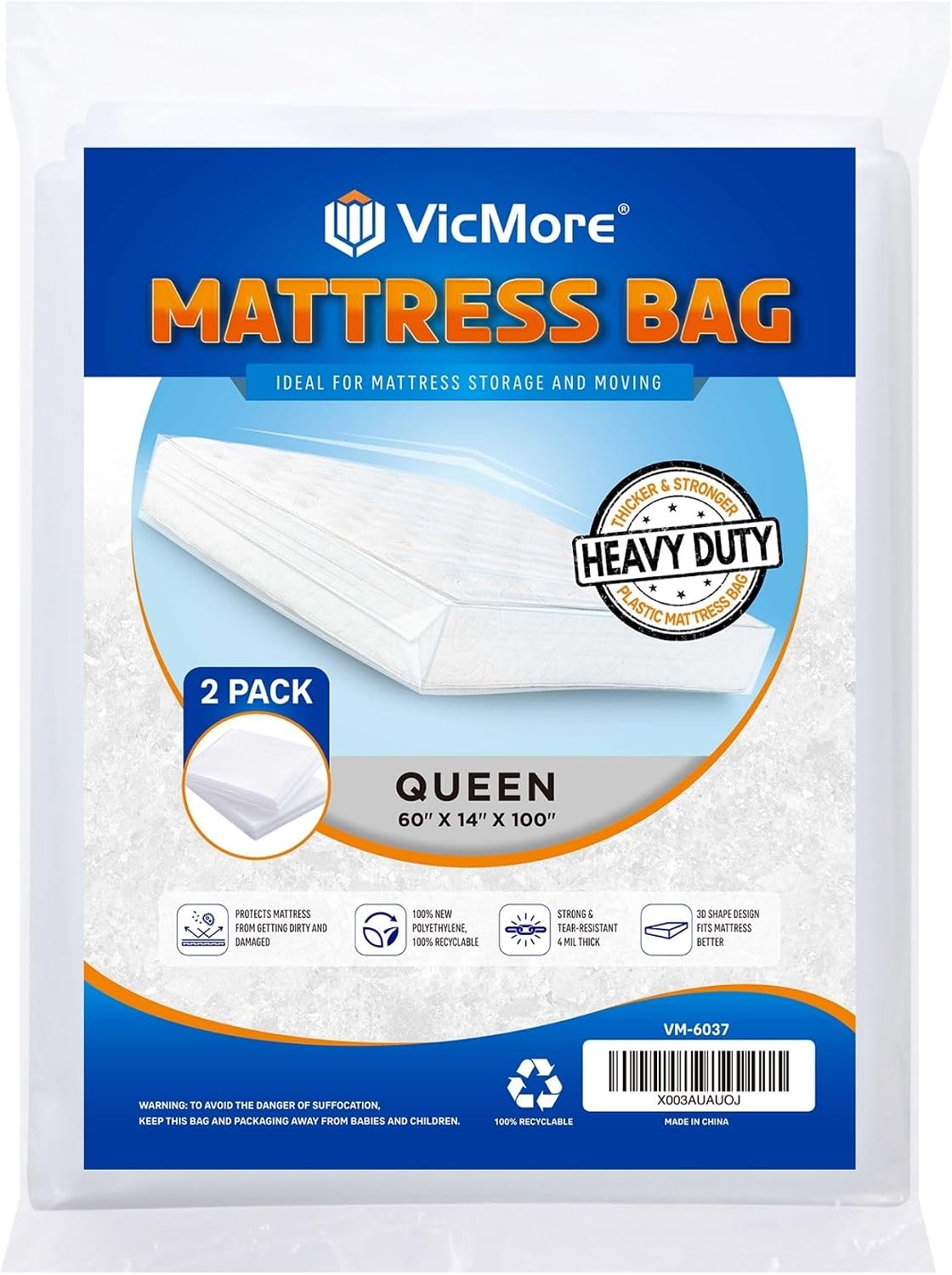 VICMORE 2-Pack Queen Mattress Bags for Moving & Storage - 4 Mil Extra-Thick Plastic Mattress Cover, Tear-Resistant & Odorless, Reusable & Recyclable